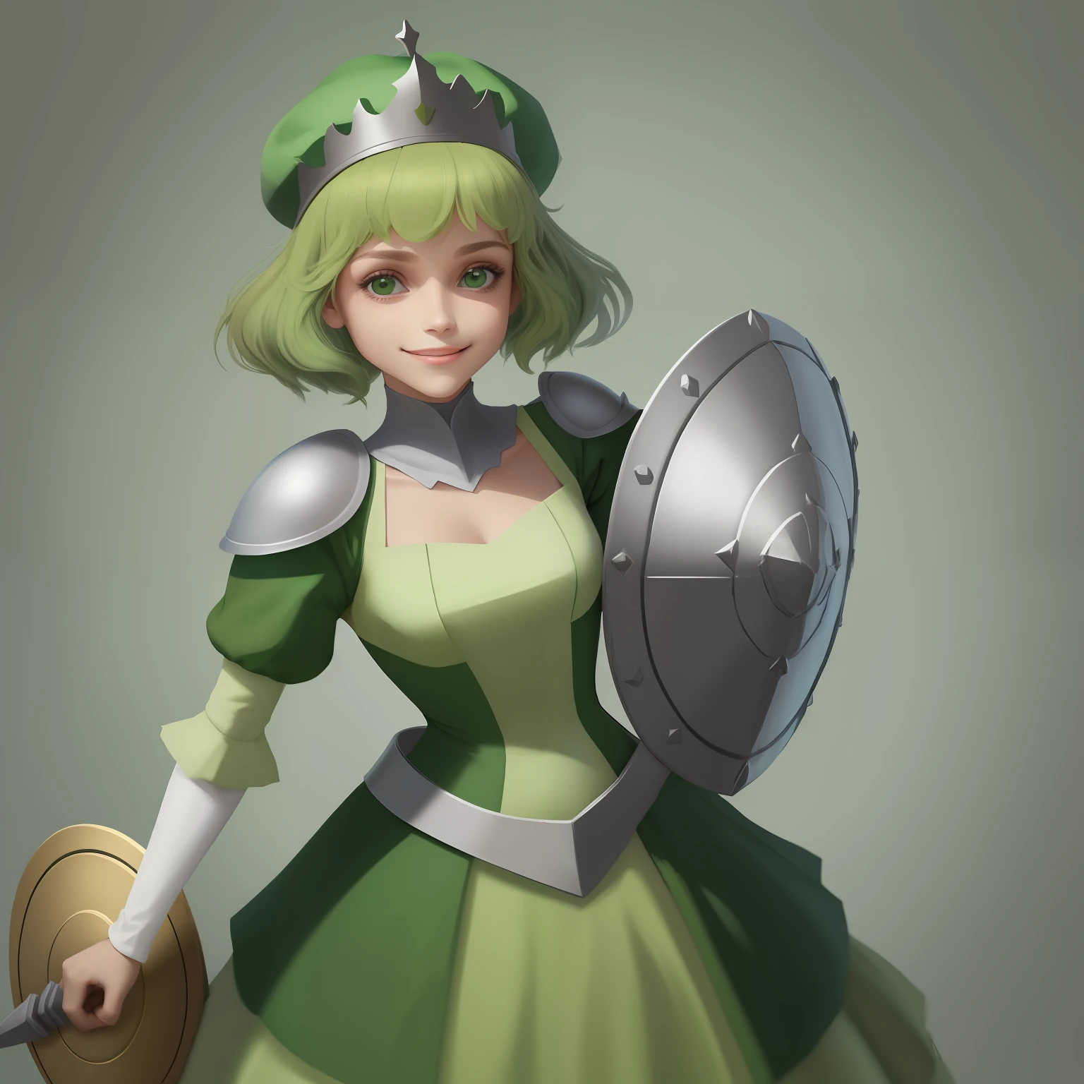 Princesa com capacete em forma de cone em um vestido verde escuro, sorriso maligno, holding a shield on his left arm,minimalista.