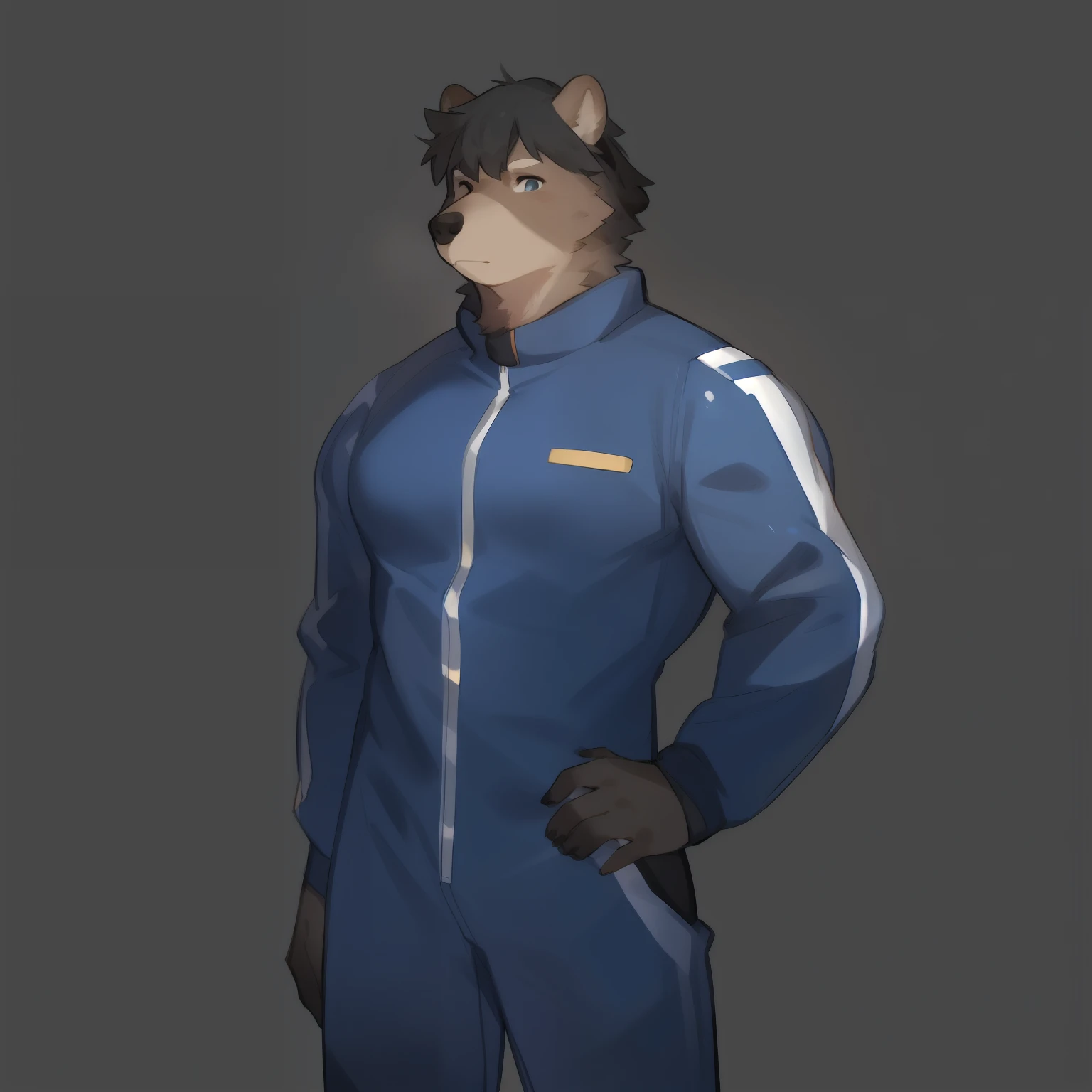 Solo, male, by bebebebebe, by spuydjeks, (((muscular, giant))), standing, grizzly bear, black hair, simple background, blue military spacesuit