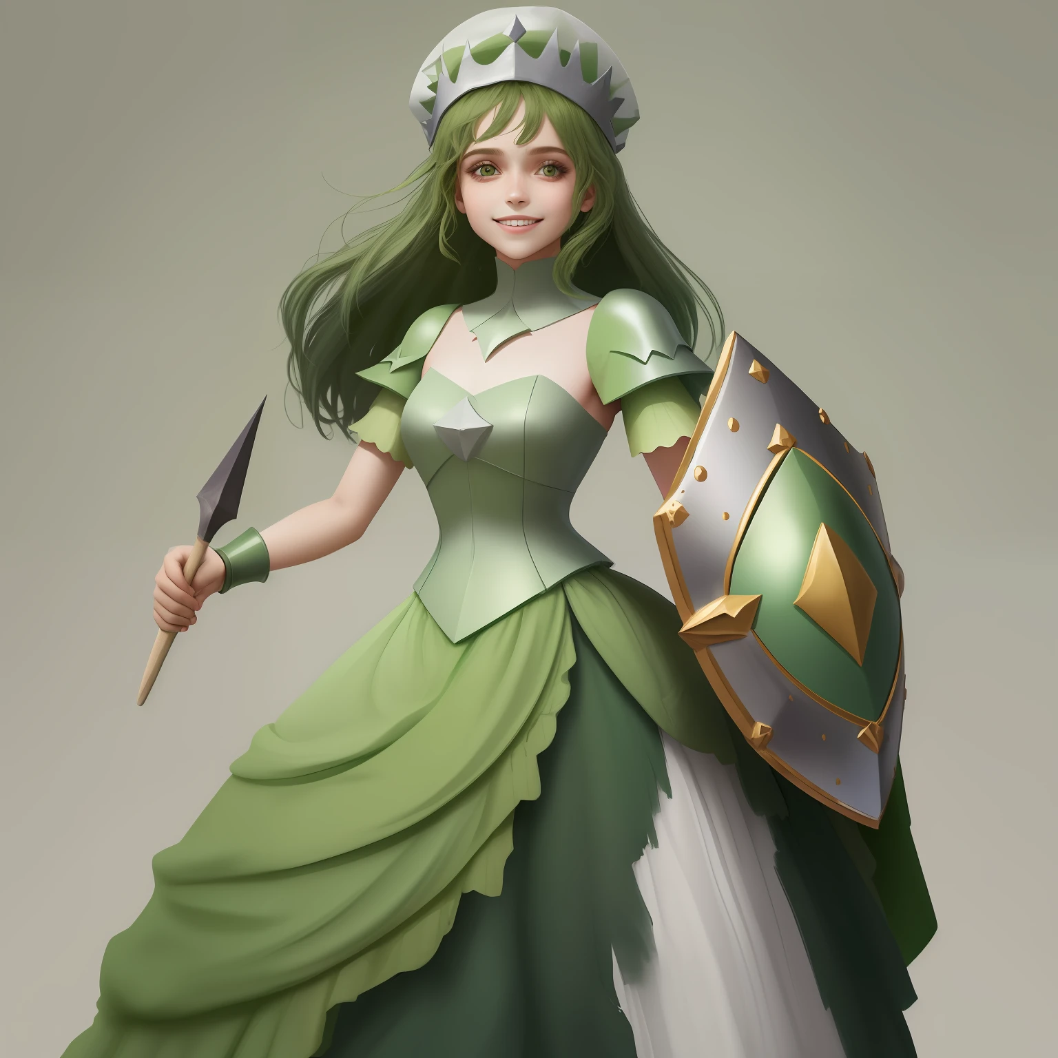 Princesa com capacete em forma de cone em um vestido verde escuro, sorriso maligno, holding a shield on his left arm,minimalista.