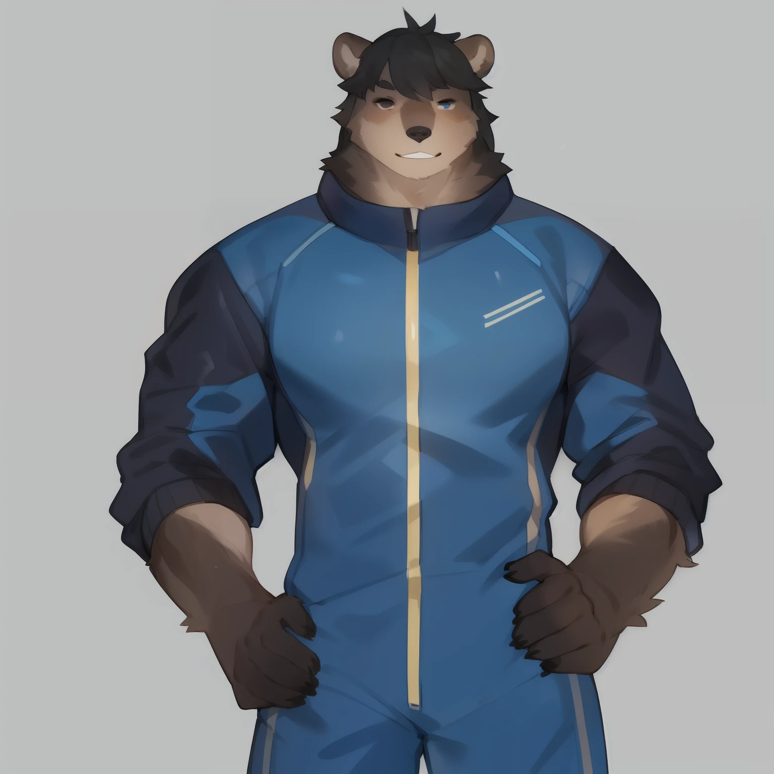 Solo, male, by bebebebebe, by spuydjeks, (((muscular, giant))), standing, grizzly bear, black hair, simple background, blue military spacesuit