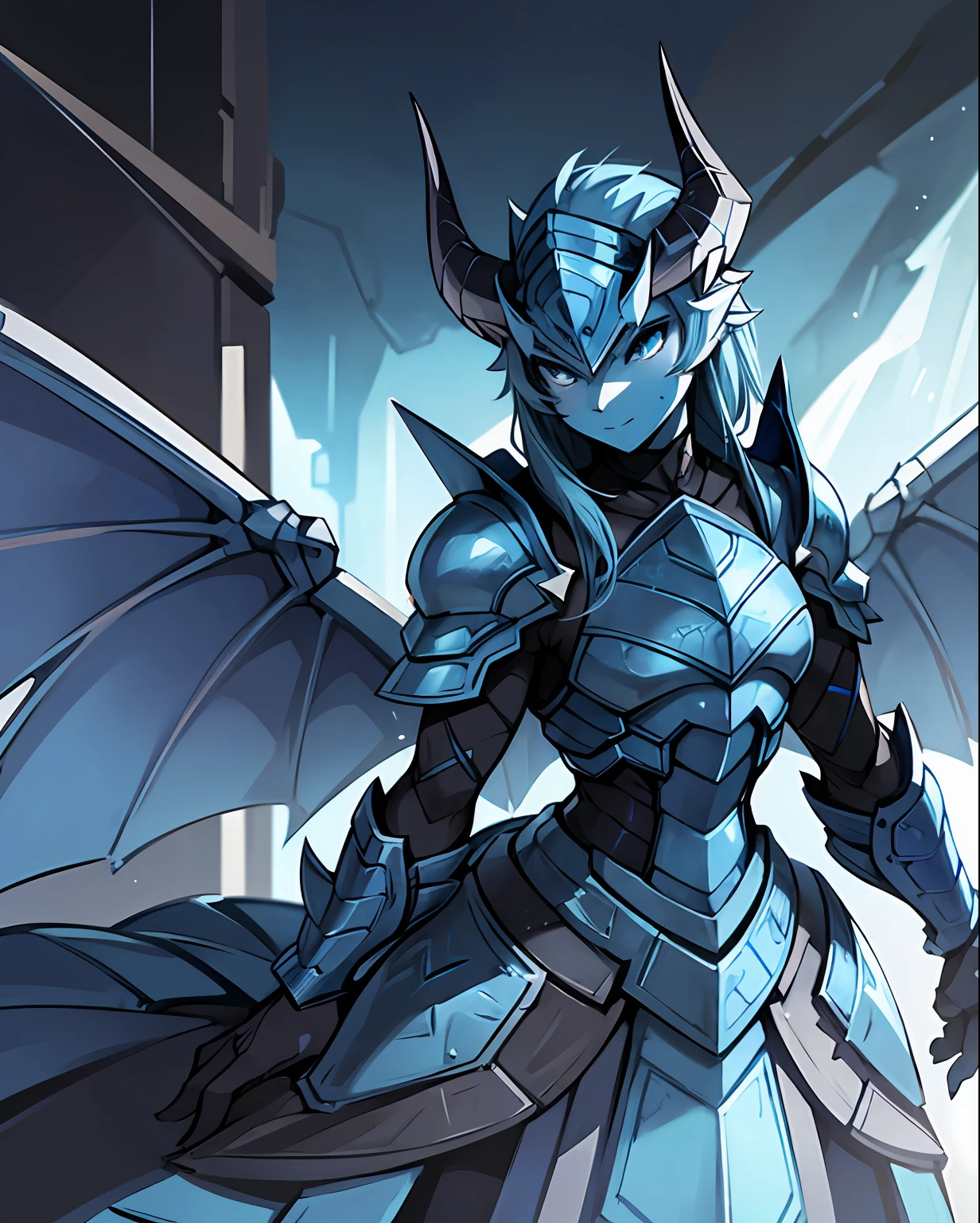 Anthropomorphic Lizard, gray scales blue tail, insect like blue armor, black horned helm, blue and white insect-like wings, masterpiece, best quality