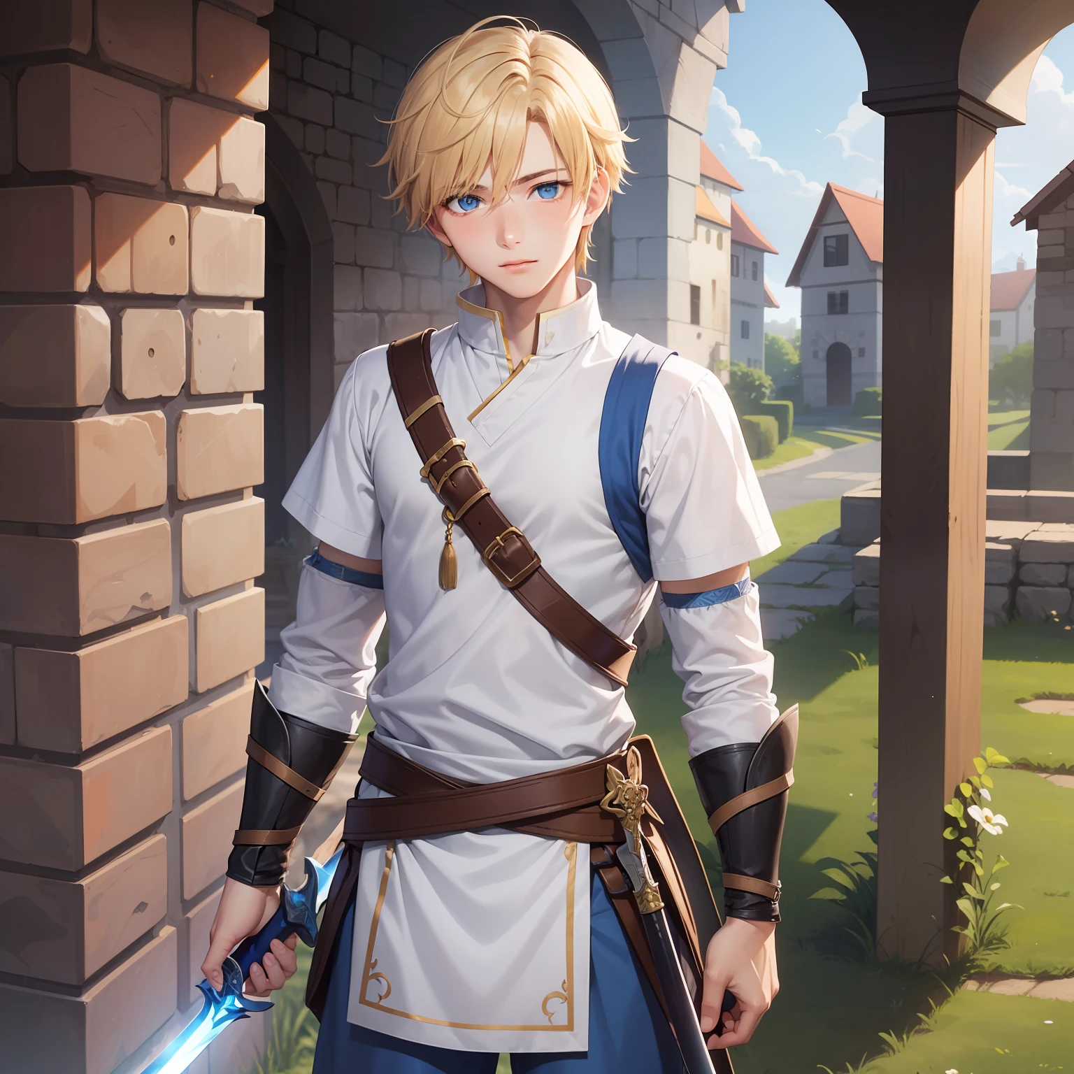 An 18-year-old man,blue eyes and blond hair,Light clothes,Looks like a villager's,He has a long sword on the left side of his waist