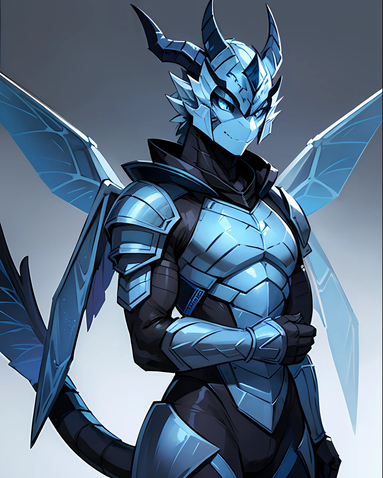 Anthropomorphic Lizard, gray scales blue tail, insect like blue armor, black horned helm, blue and white insect-like wings, masterpiece, best quality