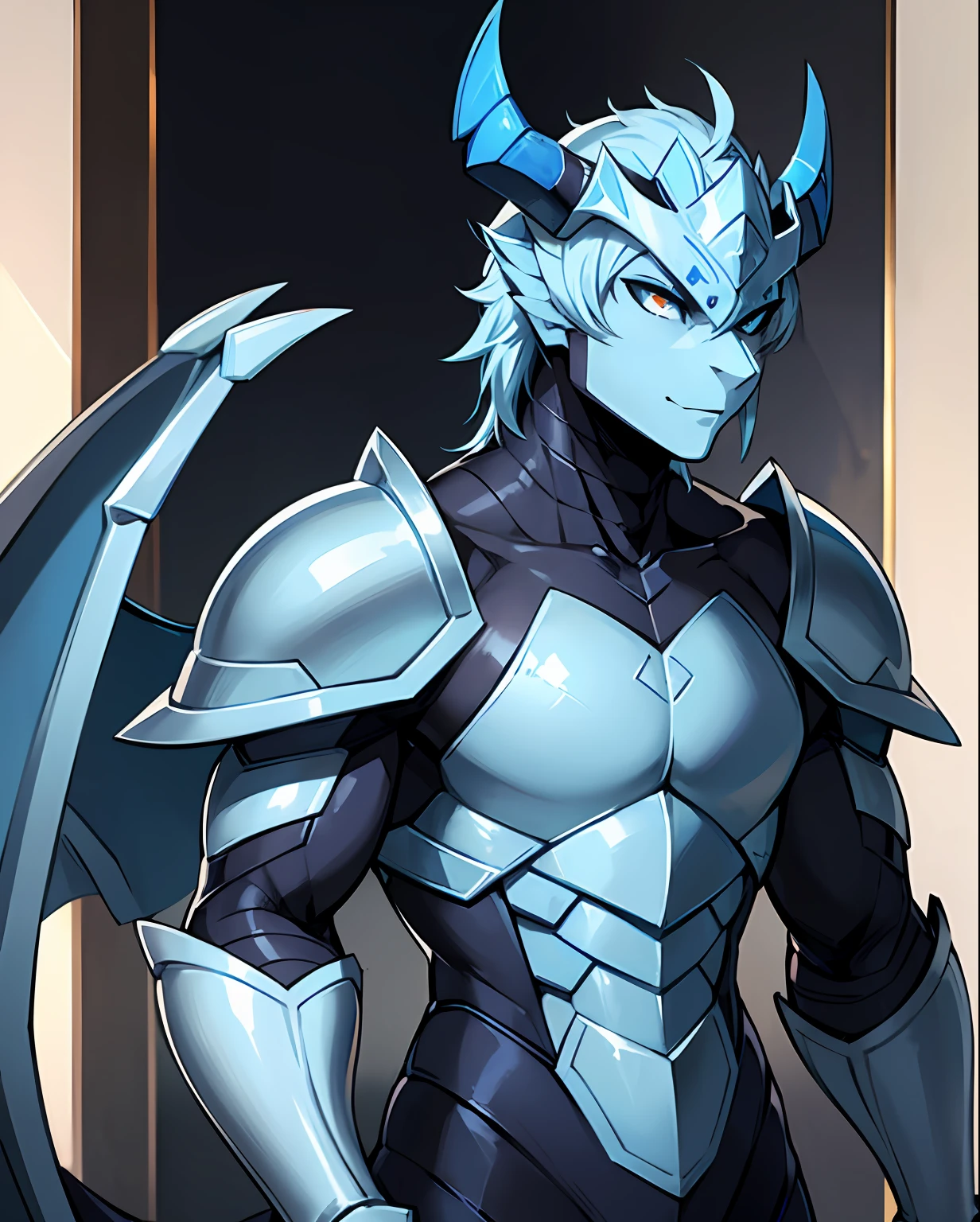 Anthropomorphic Lizard, gray scales blue tail, insect like blue armor, black horned helm, blue and white insect-like wings, masterpiece, best quality