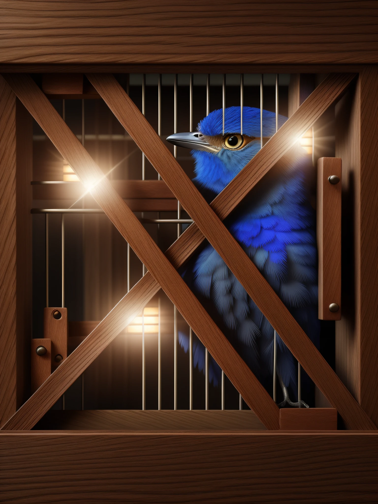 a blue bird at a prison cage made with "X" in wood and wire, cartoon and chibi style, trapped inside it, trapped inside X. (trapped in a wooden "X" letter jail cage), volumetric, Intricate details, studio lighting, realistic background, style raw, beautiful, RAW photo, masterpiece: 1.2, (realistic, photorealistic: 1.37), professional lighting, photon mapping, cute 3d render, cute detailed digital art, cute digital painting, stylized 3d render, cute digital art, cute render 3d, cute, c4d, high quality, 8k, best quality