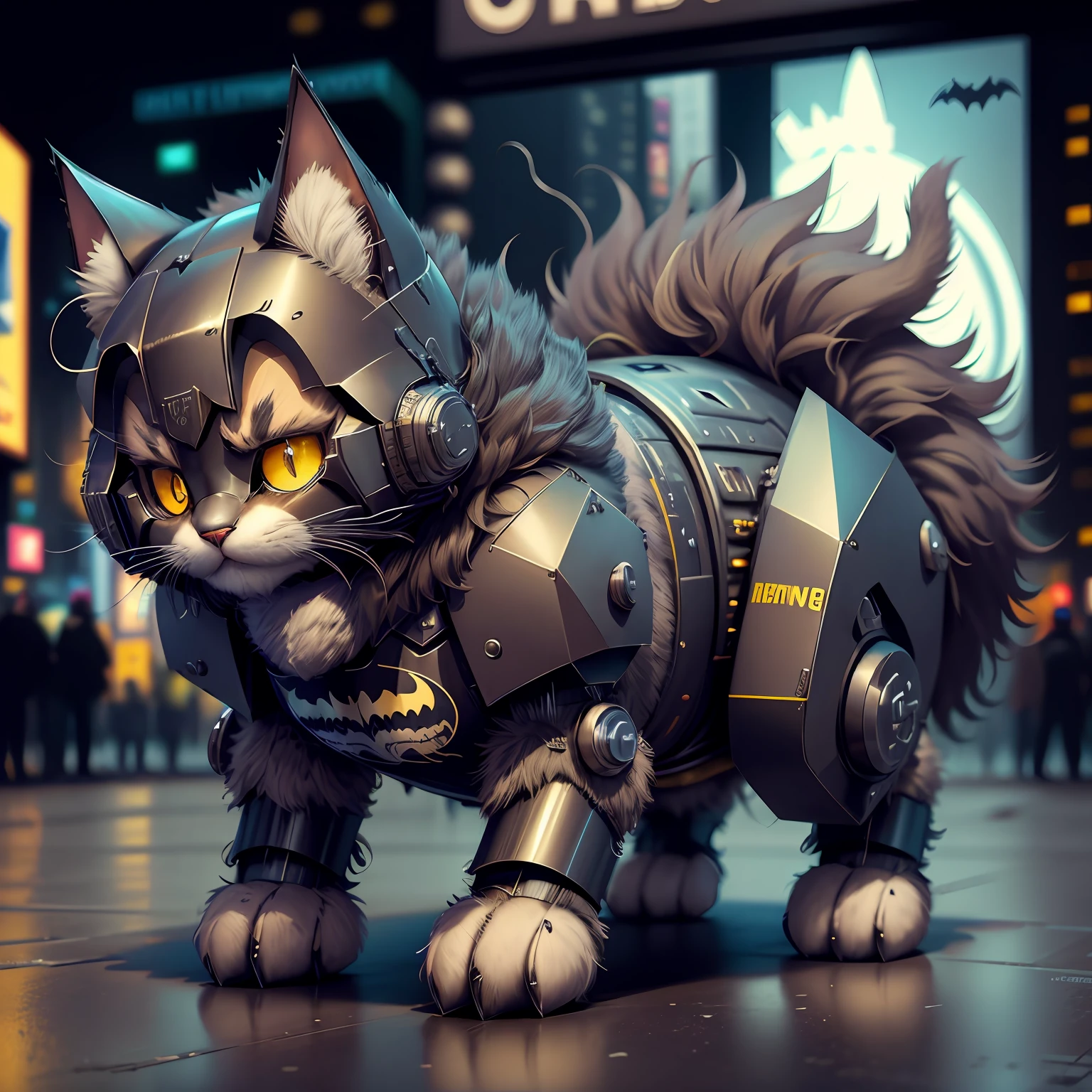 new york, time square, batman cat, cat in batman armor, fluffy, fuzzy, fluffy, detailed, robotic cat