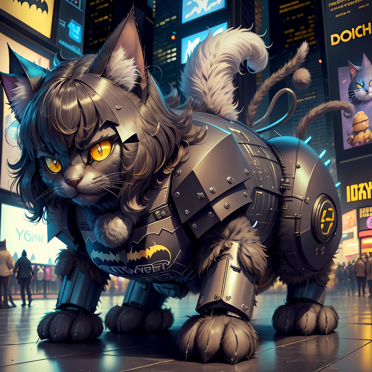 new york, time square, batman cat, cat in batman armor, fluffy, fuzzy, fluffy, detailed, robotic cat