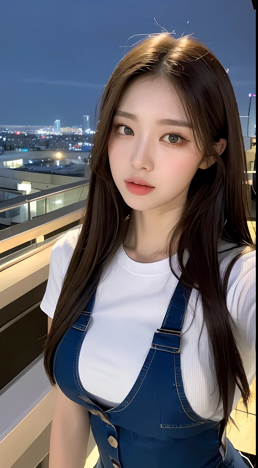 ((Midnight, Best quality, 8k, Masterpiece :1.3)), Whole body, Long legs, Sharp focus :1.2, A pretty woman with perfect figure :1.4, Slender abs :1.1, ((Dark brown hair, Big breasts :1.2)), (White tight tshirt, Jean bib, Standing:1.2), ((Night city view, Rooftop:1.3)), Highly detailed face and skin texture, Detailed eyes, Double eyelid