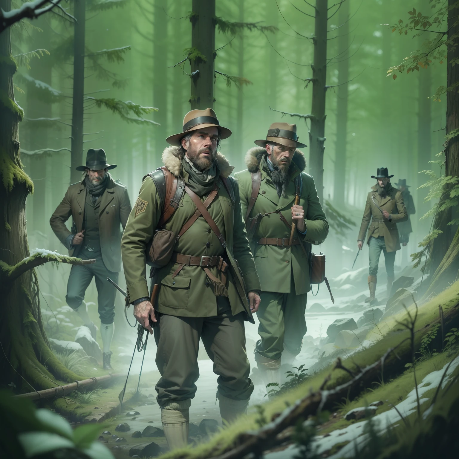 realistic image in highly professional graphic novel style artwork of horrified 19th century male hunters on a cold weather expedition into an eerie forest