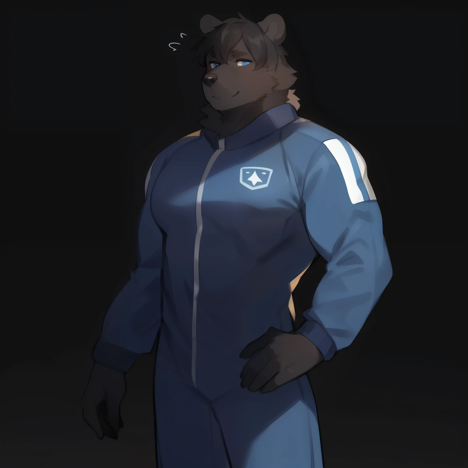 Solo, male, by bebebebebe, by spuydjeks, (((muscular, giant))), standing, black bear, black hair, black fur, simple background, blue military spacesuit