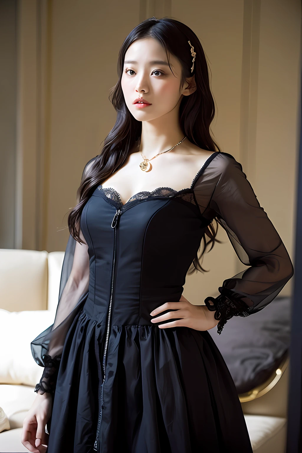 The beautiful young woman had a contemptuous look on her big breasts