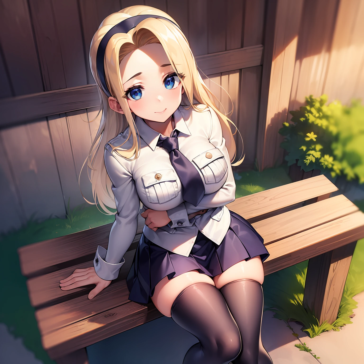 ((masterpiece, high quality, best quality, highres, ultra-detailed, 8k:1.4)), (medici filia), 1girl, solo, breasts, blush, smile, skirt, thighhighs, sitting, school uniform, black skirt, pleated skirt, necktie, shoes, solo focus, miniskirt, bench, crossed arms, crossed legs, alternate legwear, cowboy shot, cloud, blue sky, park, ((beautiful, sexy, from above, depth of field, perspective)), outdoors, straight hair