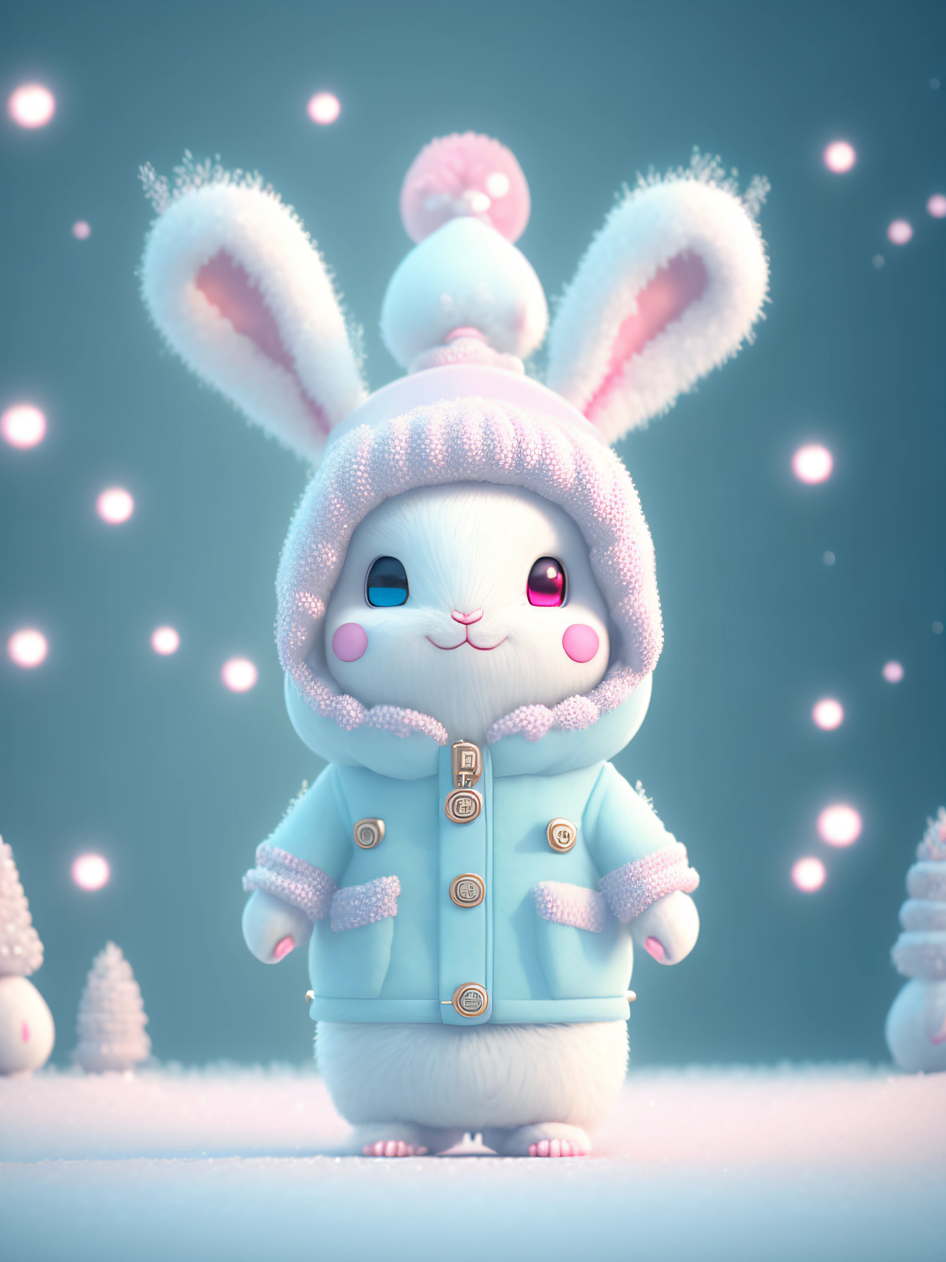 Front view, 3D, in a winter season, small and cute anthropomorphic white rabbit cubs, wearing pink fisherman's hat, soft cyan windbreaker and soft slippers, full body, standing, symmetrical ears, bright big eyes, sweet smiling face, holding glowing glass beads, Christmas scene, fluffy snow, complex furry details, soft movie lighting, 8k, portrait, Pokmon animation style, octane rendering, rendering in the Unreal Engine, high quality