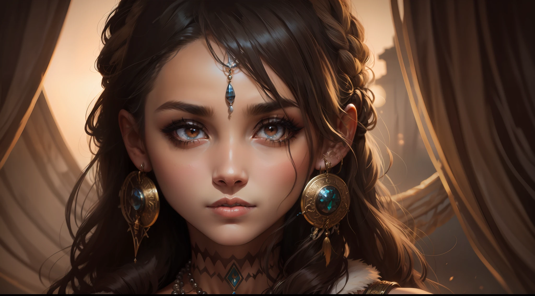 Beautiful woman gypsy shaman with big brown eyes, Subdued lighting. Muted color palette.