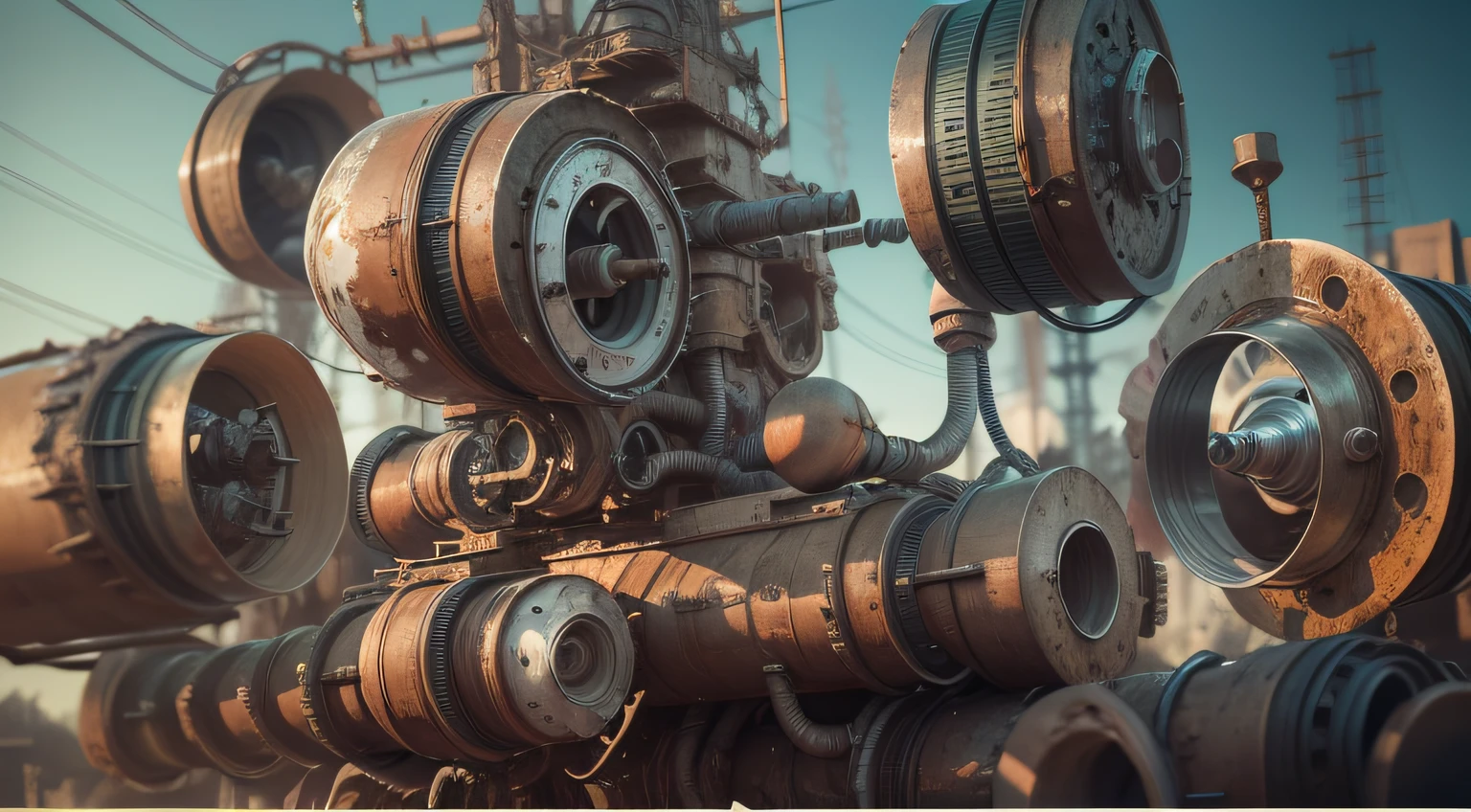 a heavily distorted, fading late morning clear sky, a singular object comprised of contorted machinery/pipes/rusted components is floating in the air, extra detail, 4kHD details, best resolution, surrealistic composition, extreme camera angle, motion blur, depth of field, foreshortening, tilted camera angle, cinematic lighting, movie scene