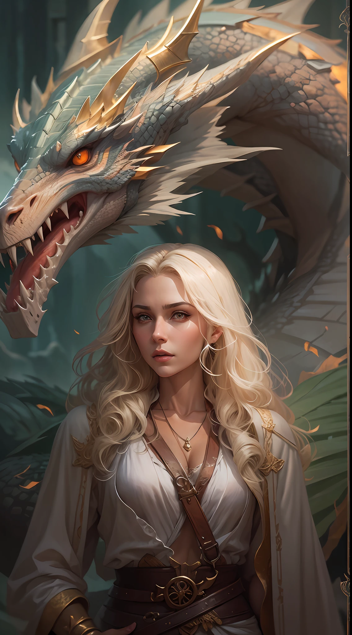 blond woman standing next to a dragon,the dragon's head is near the woman's head,the woman and the dragon are detailed,epic fantasy art style hd, the dragon girl portrait, fantasy art behance, epic fantasy art style, detailed fantasy art, graphic artist magali villeneuve, devianart and cgsociety, legend of the cryptids, epic fantasy art portrait, detailed digital art