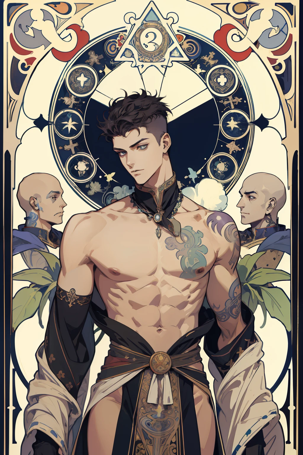 (absurdress, hight resolution, overdetalization), 1 male, grown up, cutest, tall muscular guy, wide shoulders, Detailed eyes and detailed face, shaved hair on the sides, in the center of the hair, bare breast, tattoos on the body and arms, fool \tarot\, bard, clown, Symbolism, visual art, occultism, Universal, Vision Casting, Philosophical, Iconography, Numerology, Popularity, an artistic, by Alphonse Mucha
