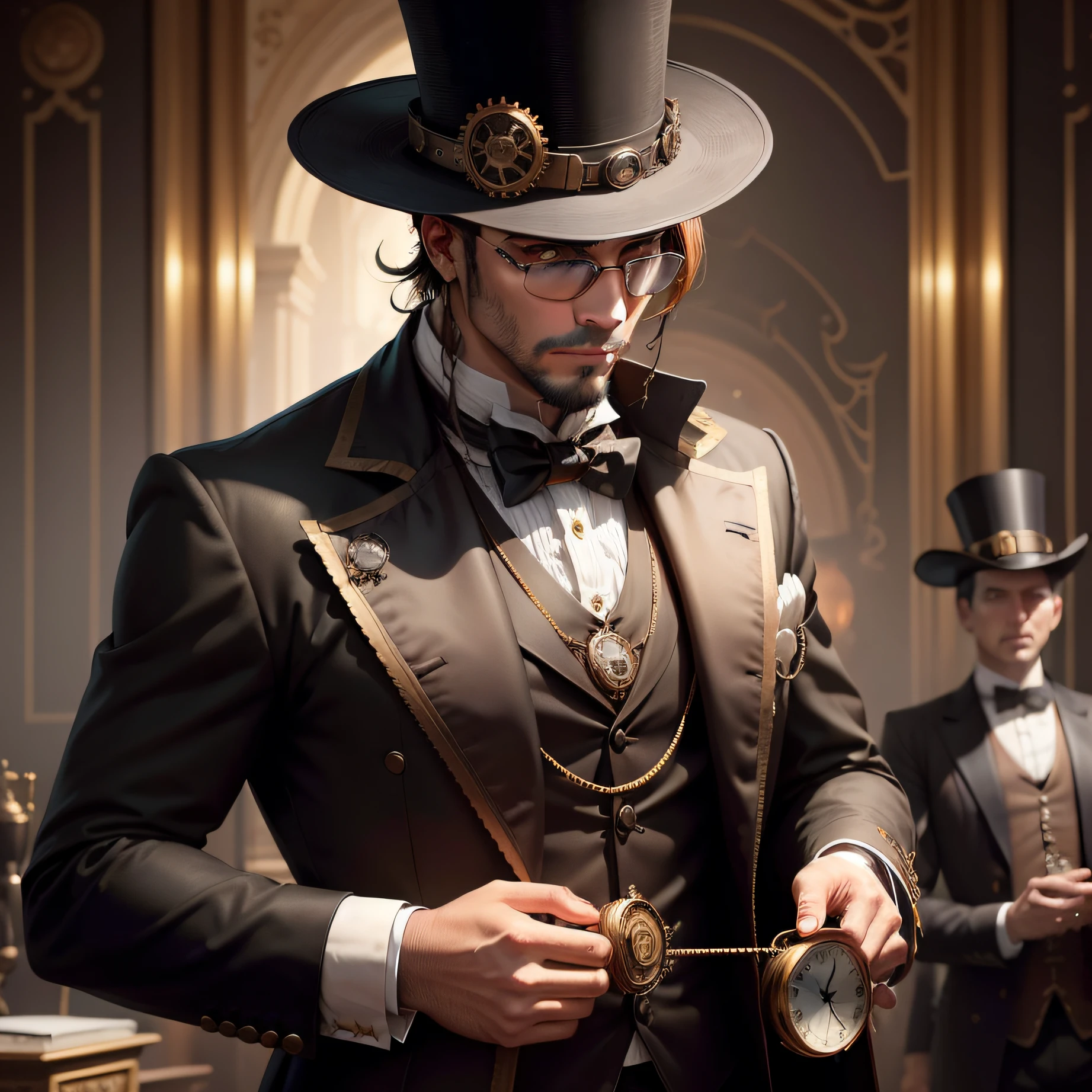 A man with wide eyes and trembling hands, He's dressed in a sleek steampunk aesthetic, usando sobretudo longo de couro marrom, a top hat adorned with brass gears and goggles, and a golden pocket watch
He has disciples who gather around him to help him calm down. imagem ampla tudo na estetica steampunk
