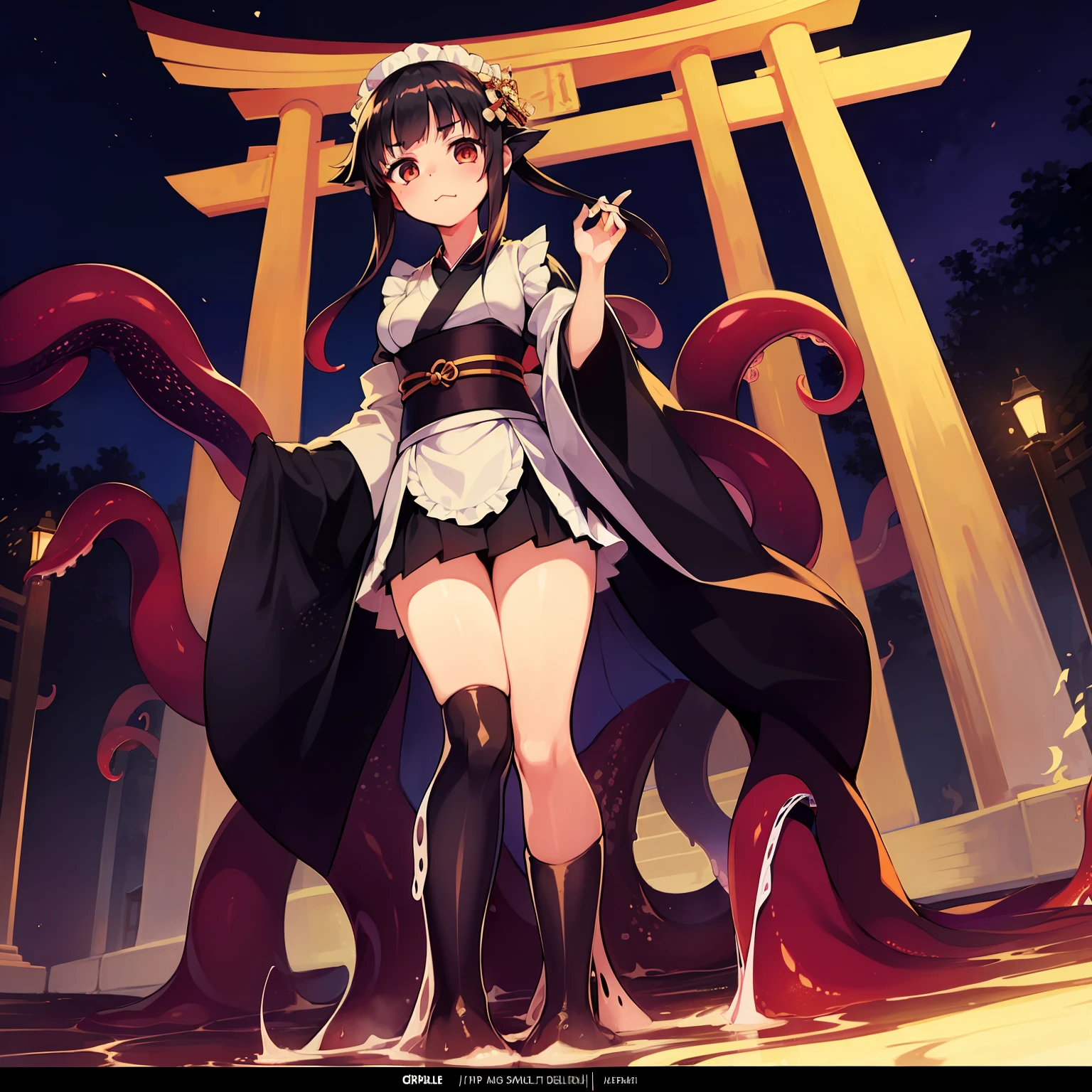 ((Girl fused with tentacles. Tentacles from the skirt)). Kimono Maid Clothing. A dark-haired. natta. On her head2One Luminescent Spherical Hair Accessory. Short skirt. torii gate.