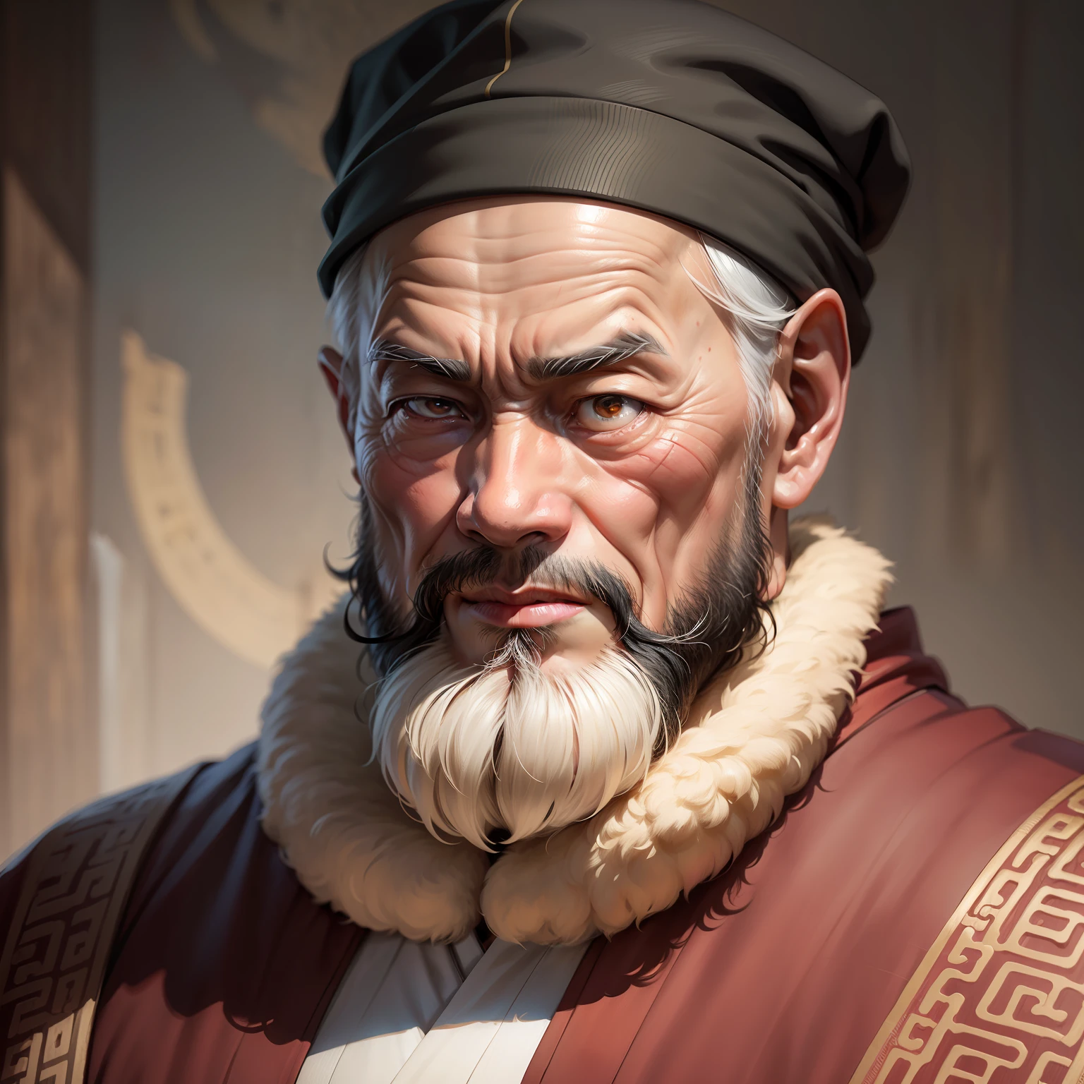 a portrait of old chinese monk, beard on chin, hyper realistic