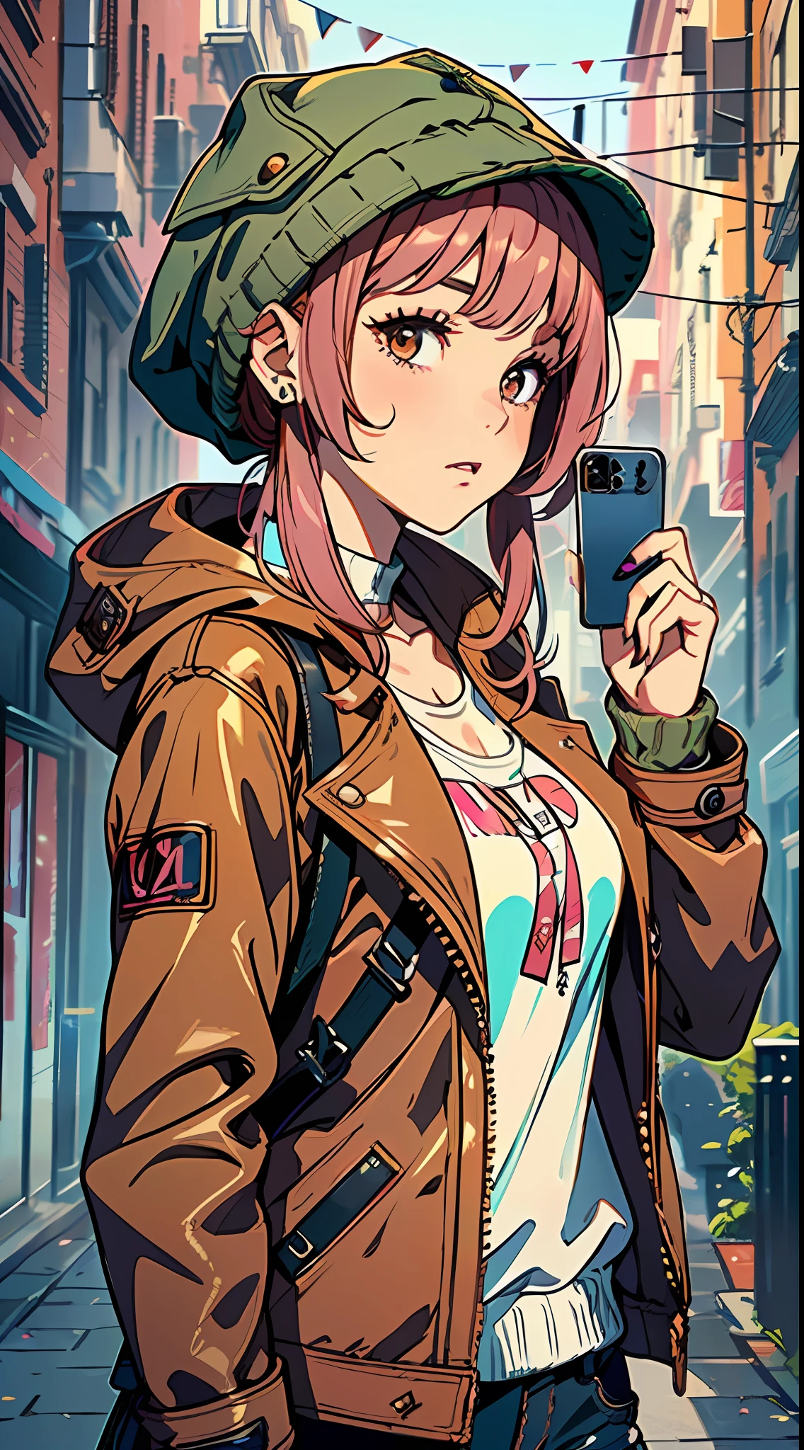 ((menina com celular),(cabelos marrons:1.2, jaqueta rosa:1.3))