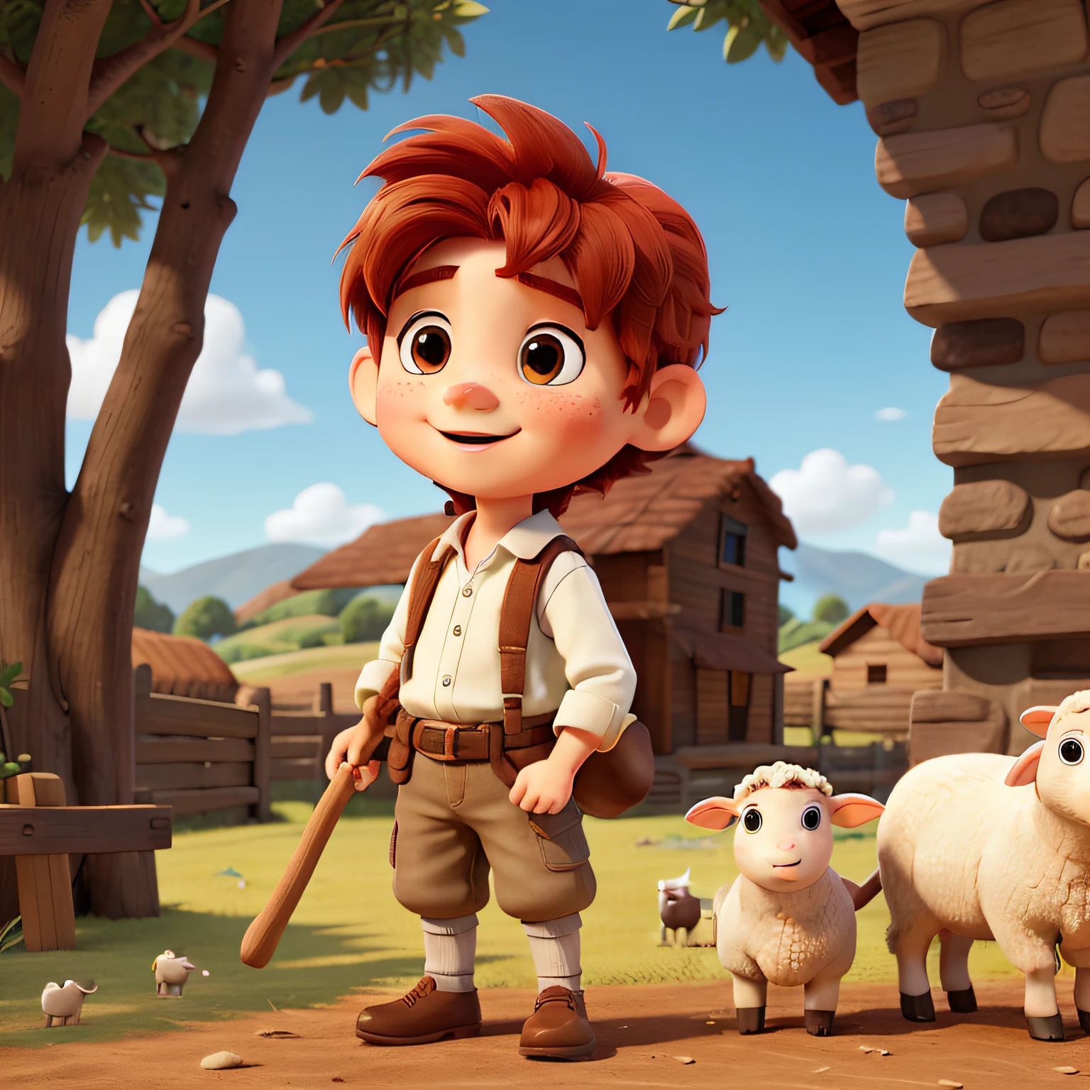 The character I'm going to create to illustrate the book is a red-haired boy with freckles, and he's a shepherd of sheep. Ele se chama Davi e mora e cuida das ovelhas no campo. David tem cabelos ruivos cacheados e muitas sardas no rosto, o que o torna muito fofo. Ele usa roupas estilo as de Jesus. He is brave and loves to take care of his sheep. Always with a wooden staff in his hand and a cheerful expression on his face, David passeia pelos campos verdes, singing lullabies to soothe your sheep. He's a lovely character who teaches kids about care and responsibility. Desenho estilo aquarela. Orando