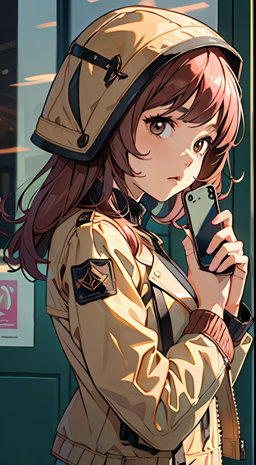 ((menina segurando celular),(cabelos marrons:1.2, jaqueta rosa:1.3))
