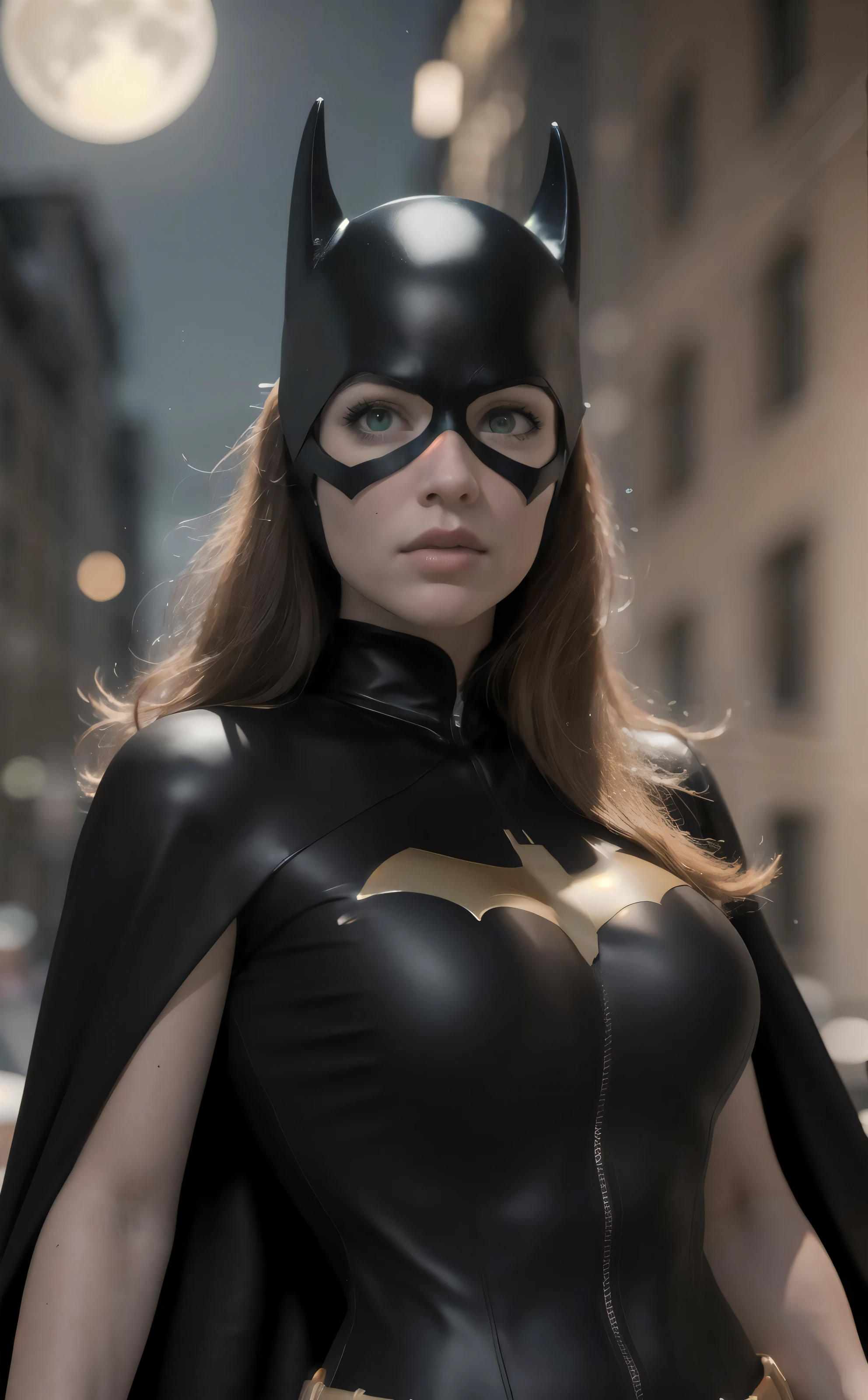 8k, best quality, real picture, intricate details, ultra-detailed, ultra highres, depth field,(photorealistic,realistic:1.2),masterpiece,Full body, photo of  batgirl, green eyes, mask, Black cloak, huge breasts, orange hair, lips, long hair, ponytail, bodysuit, solo, moon, night, dark, 
best quality, realistic, photorealistic, (intricate details:1.2), (delicate detailed), (cinematic light), clear line, sharp focus, realistic face, detailed face, unity 8k wallpaper, ultra high res, (photorealistic:1.4), looking at viewer