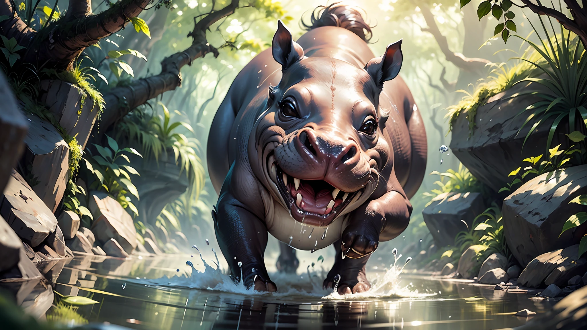 dynamic scene. Close-up. A very cheerful and agile hippopotamus, quickly runs along the stream in the jungle. Around a lot of splashes, sun glare. Reflection of the sun. cartoon style Disney. cinematic, lots of detail, blurred in camera motion fantastic jungle shores --auto --s2