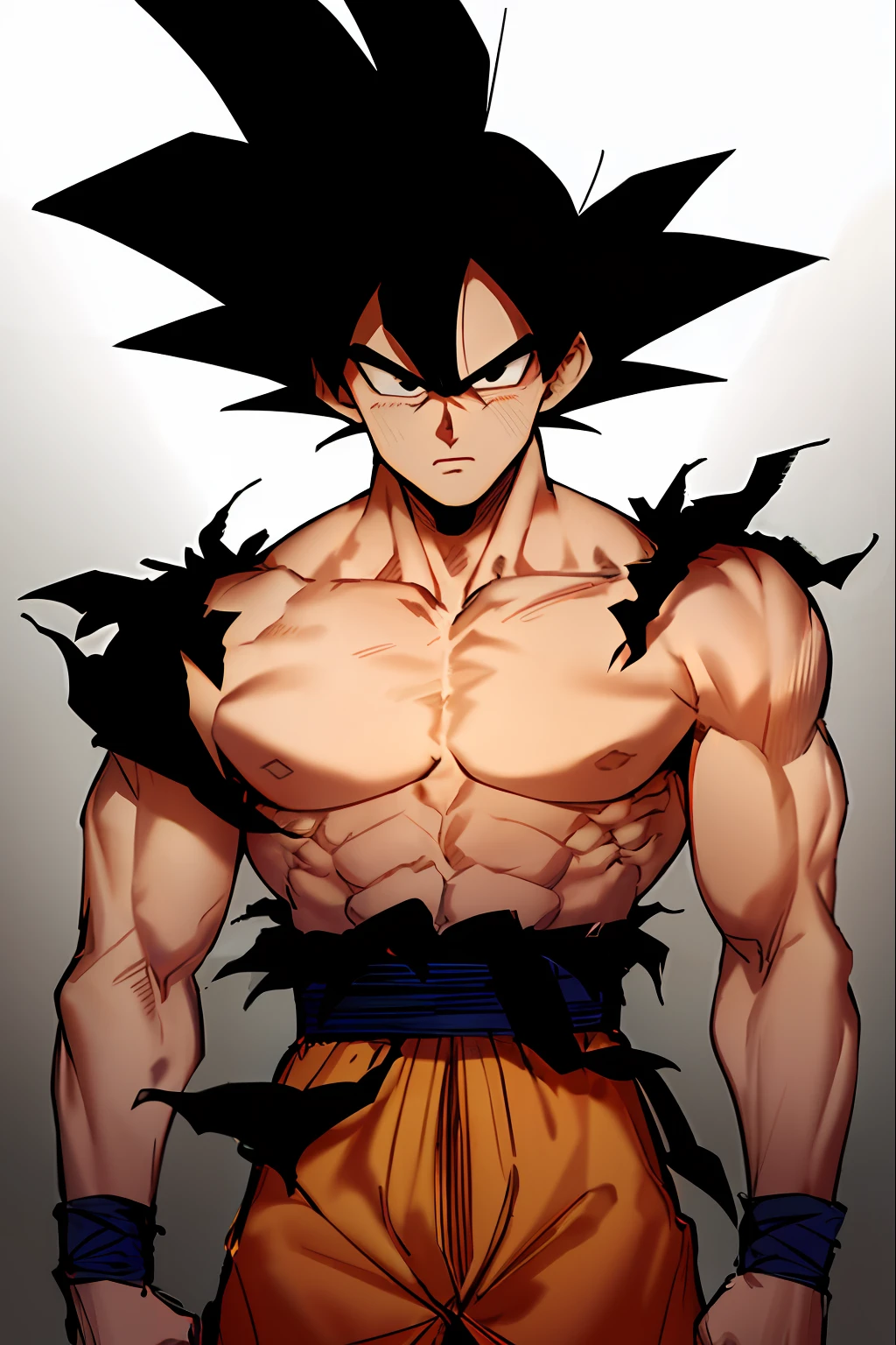 son goku, 1boy, closed mouth, male focus, muscular, muscular male, rock, sash, serious, solo, spiked hair, topless male, torn clothes, ultra instinct, black eyes, black hair, ((masterpiece))