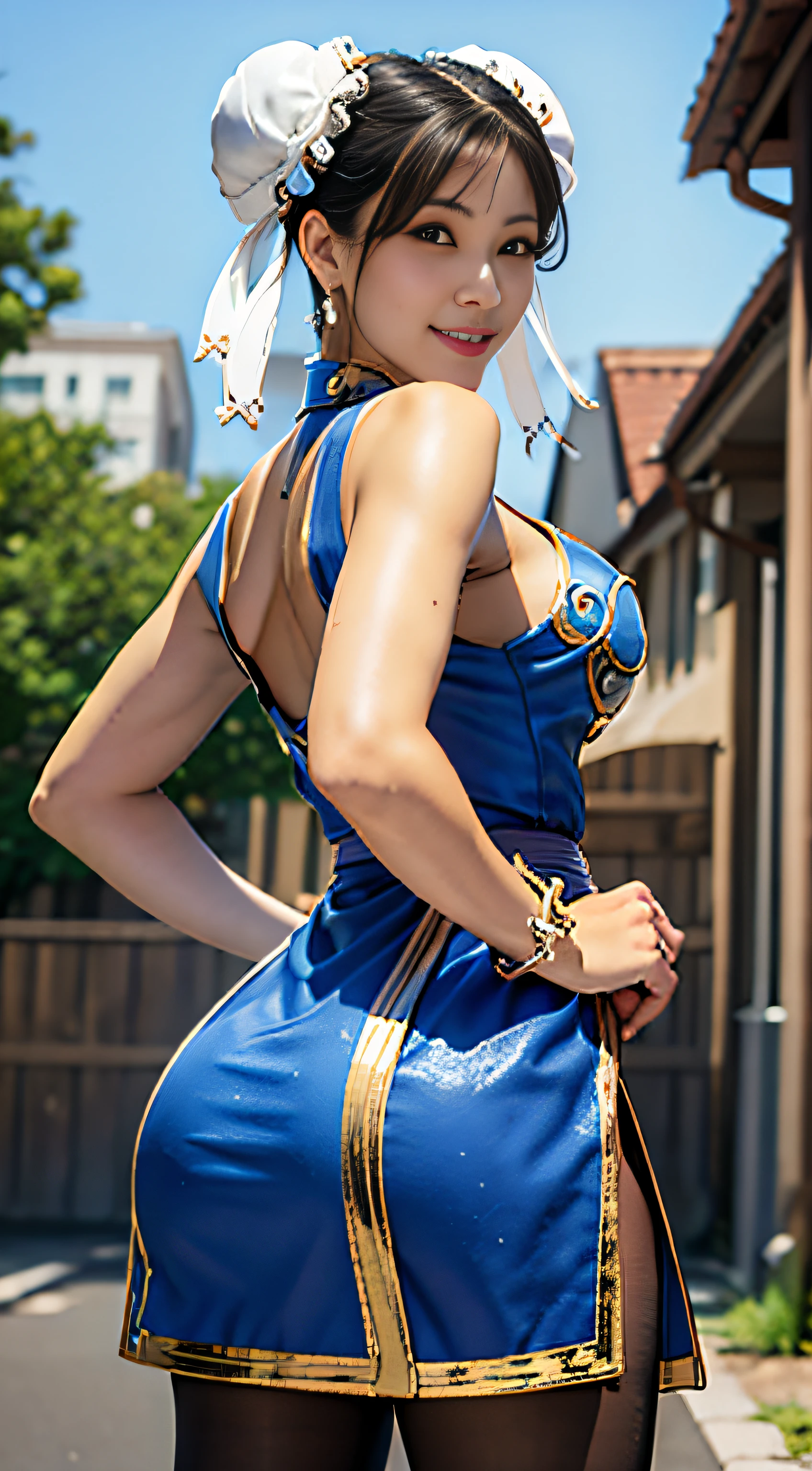 masterpiece, best quality, chun li, brown eyes, short hair, brown hair, double bun, bun cover, blue dress, pelvic curtain, spiked bracelet, sash, brown pantyhose, outdoor, hand on hip, looking at viewer, cowboy shot, dress lift, slap their ass, smile