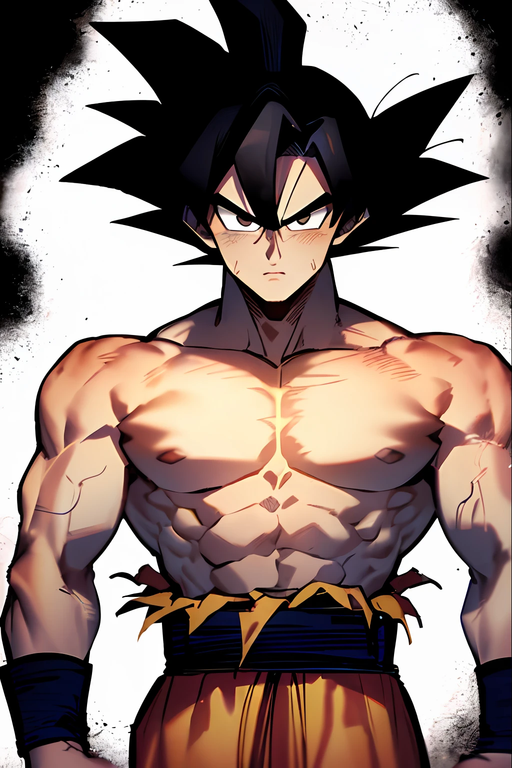 son goku, 1boy, closed mouth, male focus, muscular, muscular male, rock, sash, serious, solo, spiked hair, topless male, torn clothes, ultra instinct, black eyes, black hair, ((masterpiece))