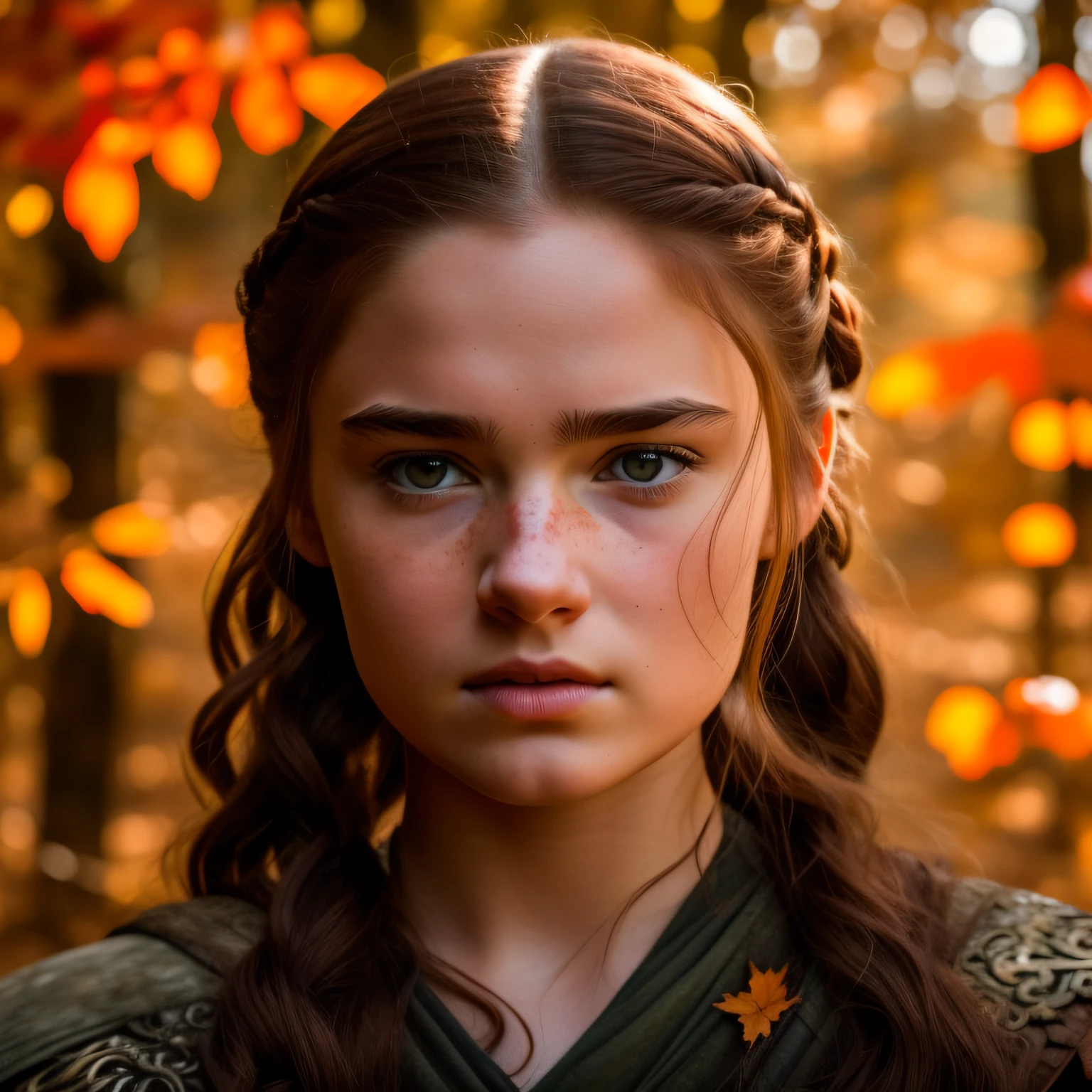 18-year-old girl Hair and red bright brown eyes and pale skin in a forest with autumn orange leaves in Game of Thrones