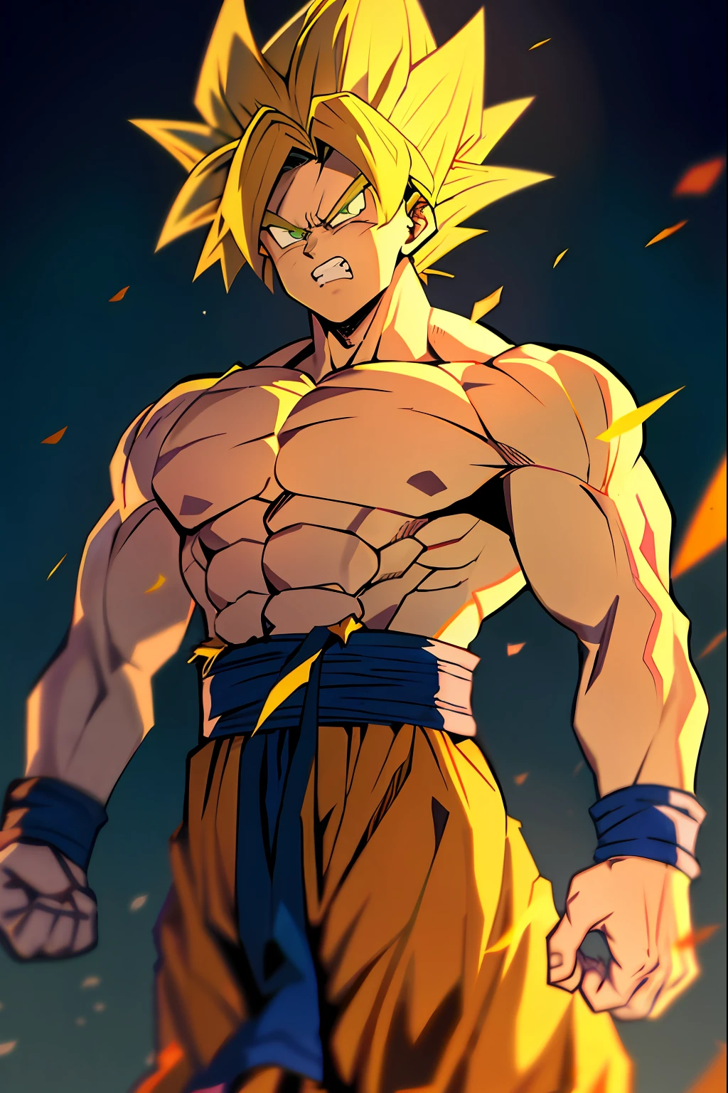 son goku, 1boy, angry, battle damage, blonde hair, blue sash, clenched teeth, furious, green eyes, male focus, muscular, muscular male, pectorals, sash, solo, spiked hair, super saiyan, super saiyan 1, teeth, topless male, torn clothes, wristband, ((masterpiece))