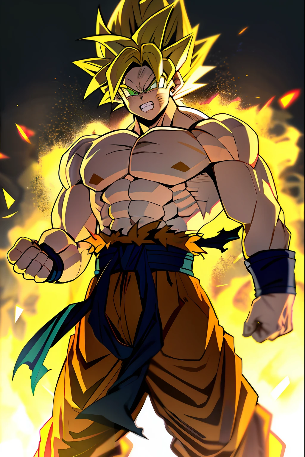 son goku, 1boy, angry, battle damage, blonde hair, blue sash, clenched teeth, furious, green eyes, male focus, muscular, muscular male, pectorals, sash, solo, spiked hair, super saiyan, super saiyan 1, teeth, topless male, torn clothes, wristband, ((masterpiece))