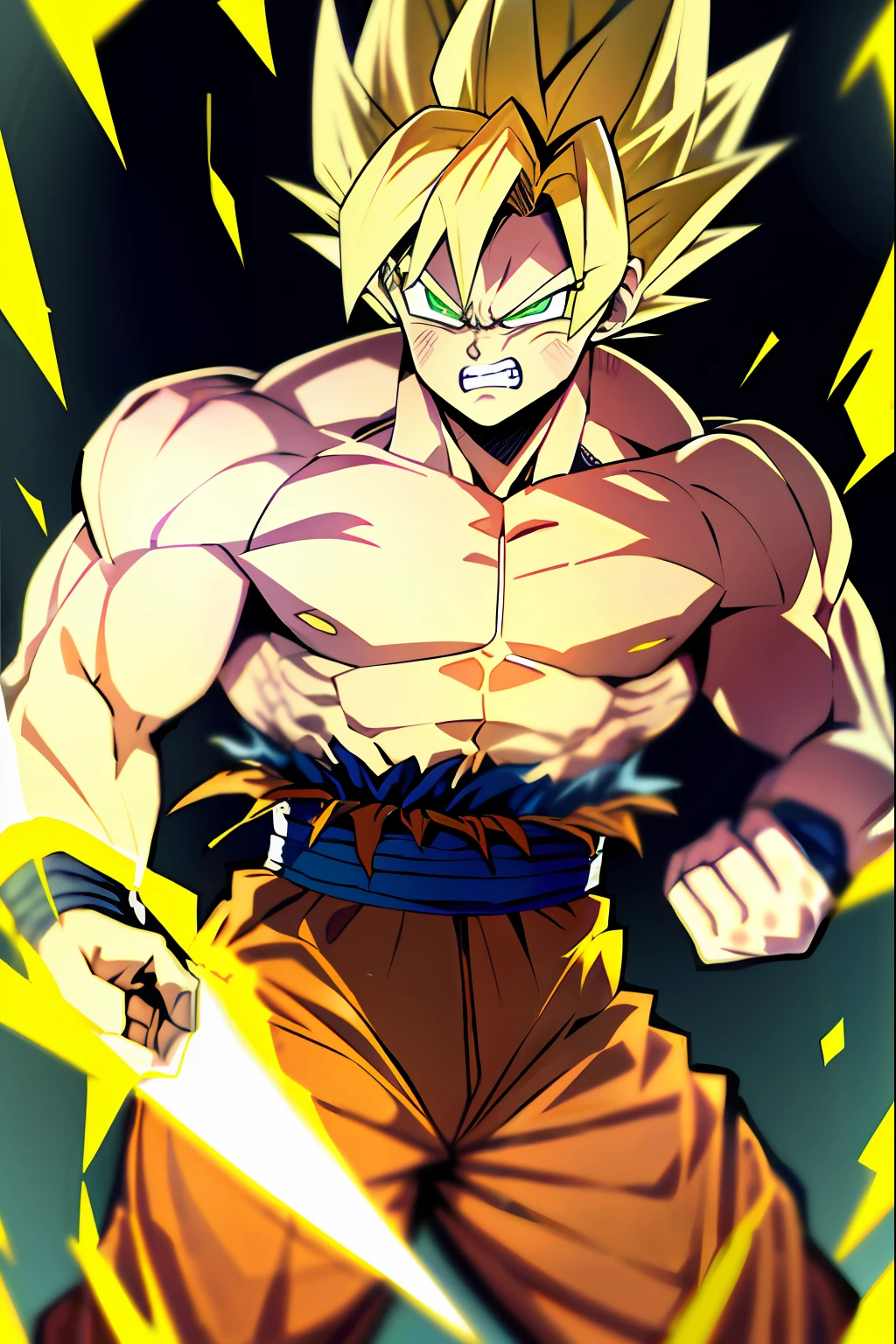 son goku, 1boy, angry, battle damage, blonde hair, blue sash, clenched teeth, furious, green eyes, male focus, muscular, muscular male, pectorals, sash, solo, spiked hair, super saiyan, super saiyan 1, teeth, topless male, torn clothes, wristband, ((masterpiece))