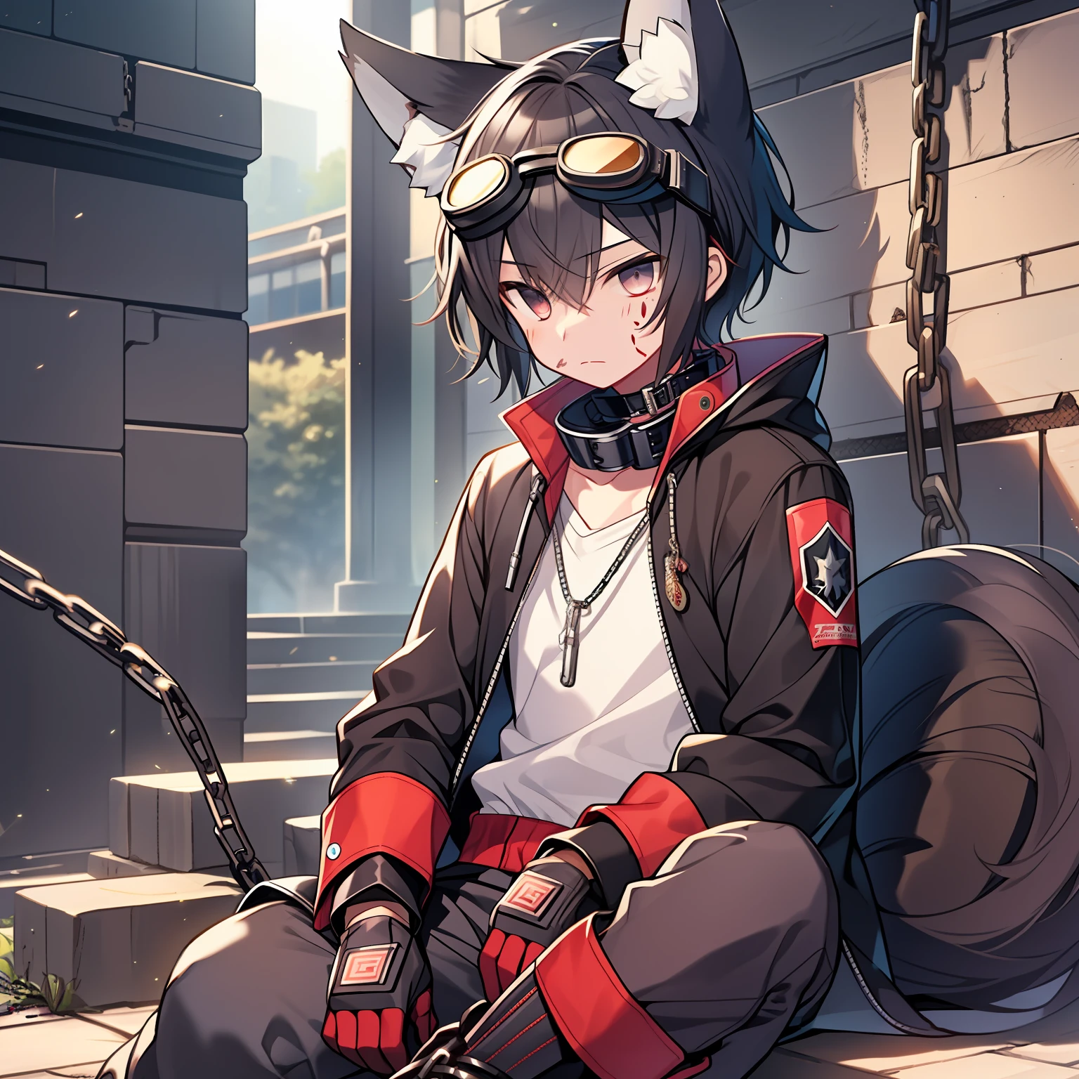 Game CG，(younge boy)，(juvenile sense)，Wolf ears，The wound bleeds，painful，Wolf tail，Battle damage，goggles，Collar，Chains，One-piece suit，trousers，Heavy machine boots，Sit with your legs open，