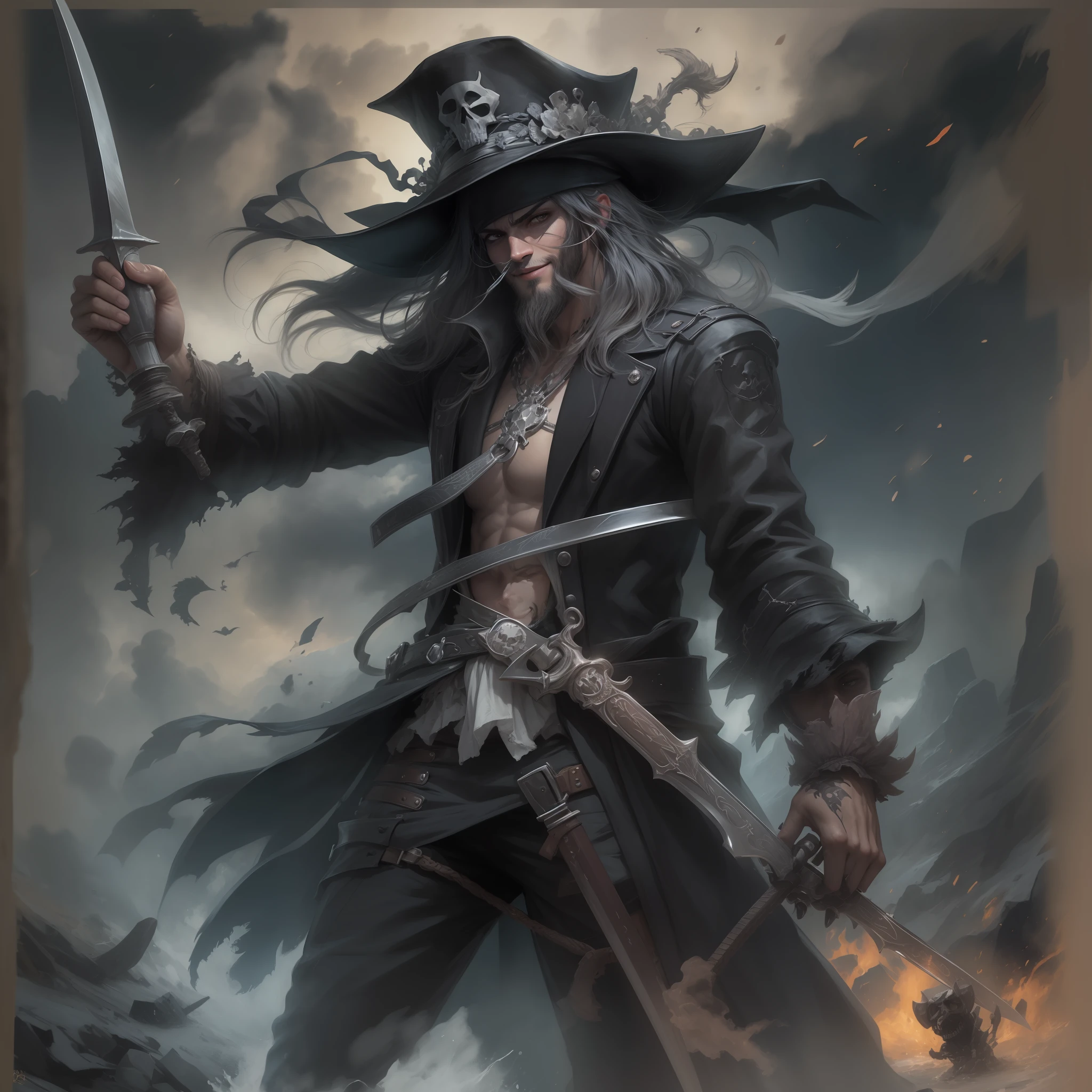 Pirata estilo Bleach, todo vestido de preto, roupas de pirata escura, barba Negra, barba grande barba escura, chapeu negro, Dark hat with skull, homem pirata sorriso maligno, sadistic smile, with sword in hand, espada pirata, hand with black power, poder escuro, ice scenery, geleiras a noite, gelo, frio, inverno