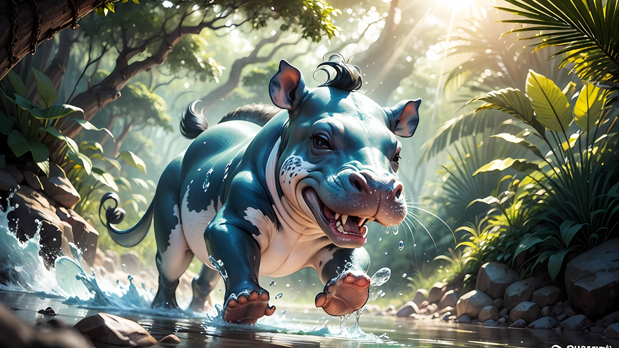 dynamic scene. Close-up. A very cheerful and agile hippopotamus, quickly runs along the stream in the jungle. Around a lot of splashes, sun glare. Reflection of the sun. cartoon style Disney. cinematic, lots of detail, blurred in camera motion fantastic jungle shores --auto --s2