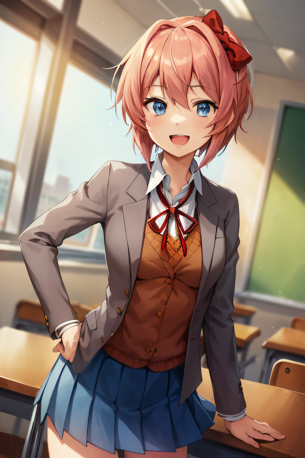 2d, masterpiece, best quality, anime, highly detailed, cowboy shot, 1girl, solo, sayori, blue eyes, pink hair, short hair, hair bow, red bow, school uniform, blazer, brown sweater, collared shirt, neck ribbon, blue skirt, standing, clenched hands, :d, classroom