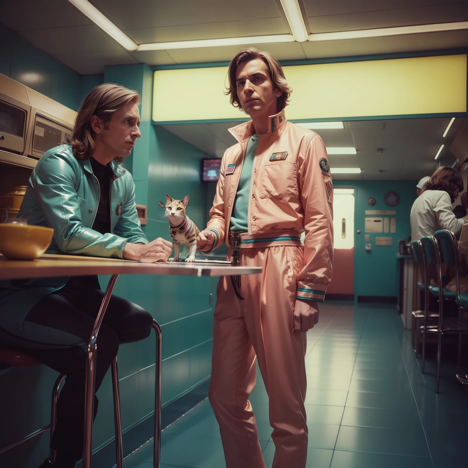 4k picture of a 1970's sci-fi movie, real picture by Wes Anderson, pastel colors, man wearing retro-futuristic fashion clothes and futuristic ornaments with a mechanical animal pet in the cafeteria, natural light, cinematic, psychedelia, weird futuristic, retro-futuristic, photo-realistic, sharp background details.