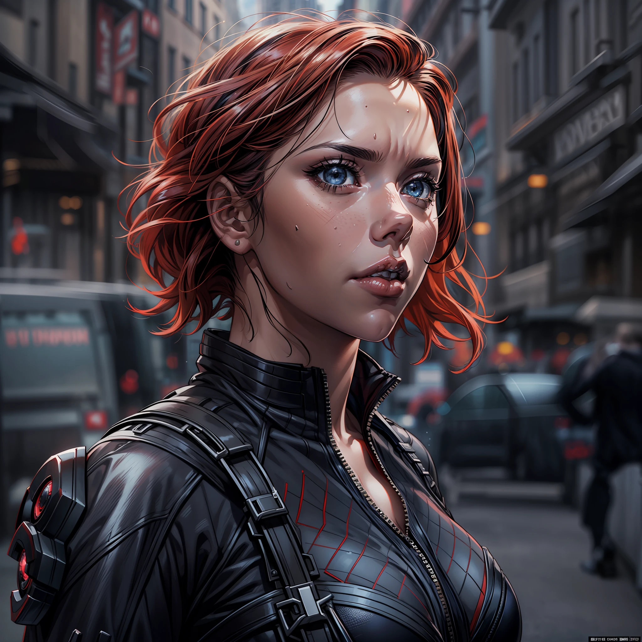 (RAW Photo, Best Quality), (Realistic, Photorealistic Photo: 1.3), Best Quality, Highly Detailed, Masterpiece, Ultra Detailed, Illustration, Marvel, Scarlett Johansson, on Paris City, standing, upper body, front profile, giving simple pose in black widow style for photography, Scarlett Johansson in black widow costume from Marvel Cinematic Universe, Scarlett Johansson in black widow style, black widow character, sci fi, real as original, Dynamic Angle, Best Quality, Extremely Detailed CG Unified 8k Wallpaper, Ink, Amazing