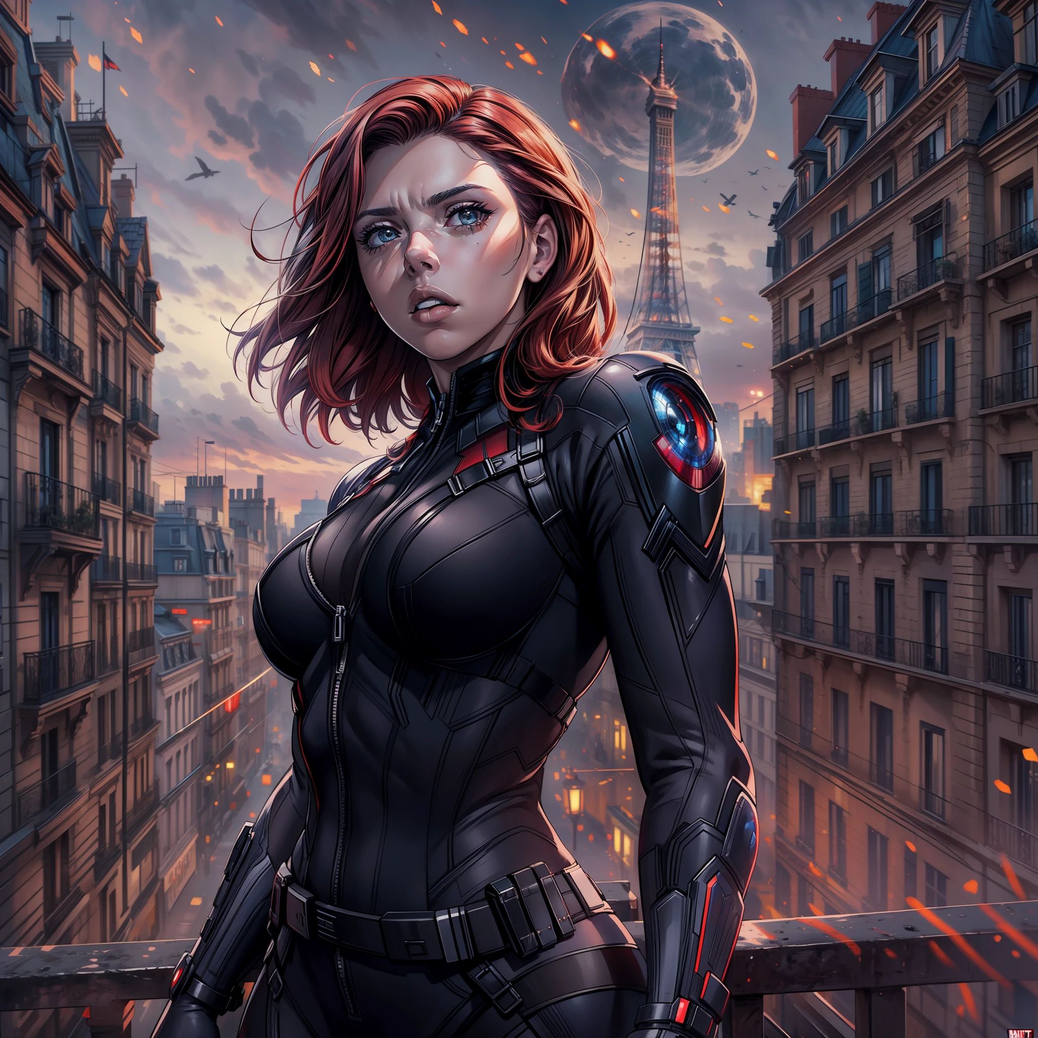 (RAW Photo, Best Quality), (Realistic, Photorealistic Photo: 1.3), Best Quality, Highly Detailed, Masterpiece, Ultra Detailed, Illustration, Marvel, Scarlett Johansson, on Paris City, standing, upper body, front profile, giving simple pose in black widow style for photography, Scarlett Johansson in black widow costume from Marvel Cinematic Universe, Scarlett Johansson in black widow style, black widow character, sci fi, real as original, Dynamic Angle, Best Quality, Extremely Detailed CG Unified 8k Wallpaper, Ink, Amazing