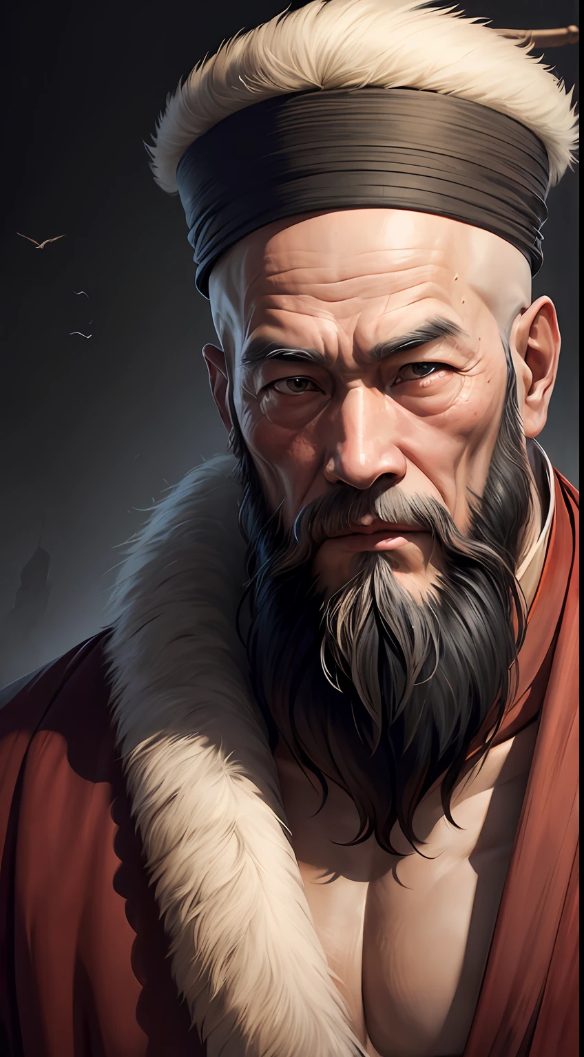 a portrait of old chinese monk, beard on chin, hyper realistic --auto