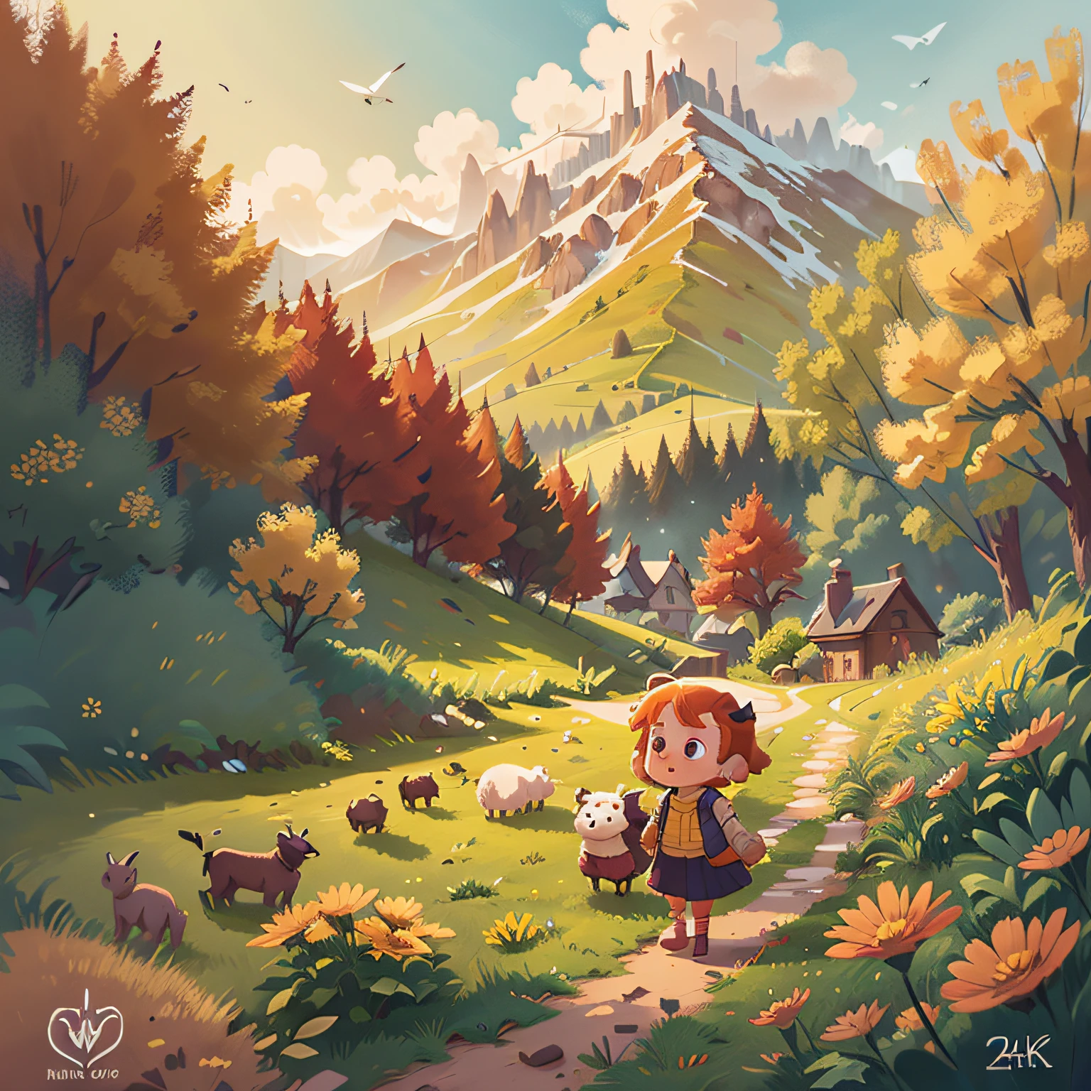 Dica: A very charming little red-haired girl with an adorable little sheep enjoying a beautiful spring walk surrounded by beautiful yellow flowers and low mountains. The illustration is a high-definition illustration in 4K resolution with highly detailed facial features and cartoon-style visuals.