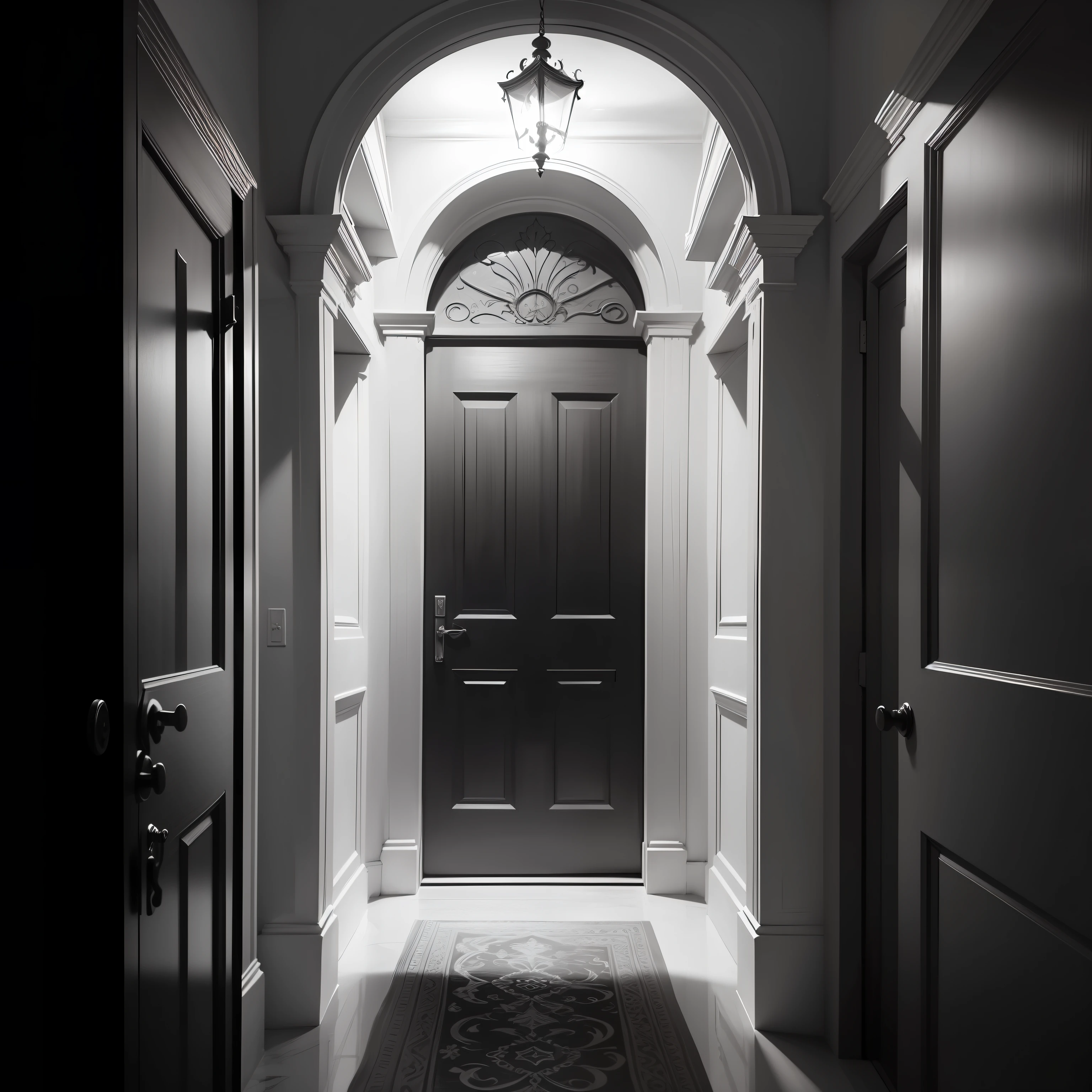 portas, corredor, sala, high resolution, desenho de fantasia, pencil strokes, preto e branco