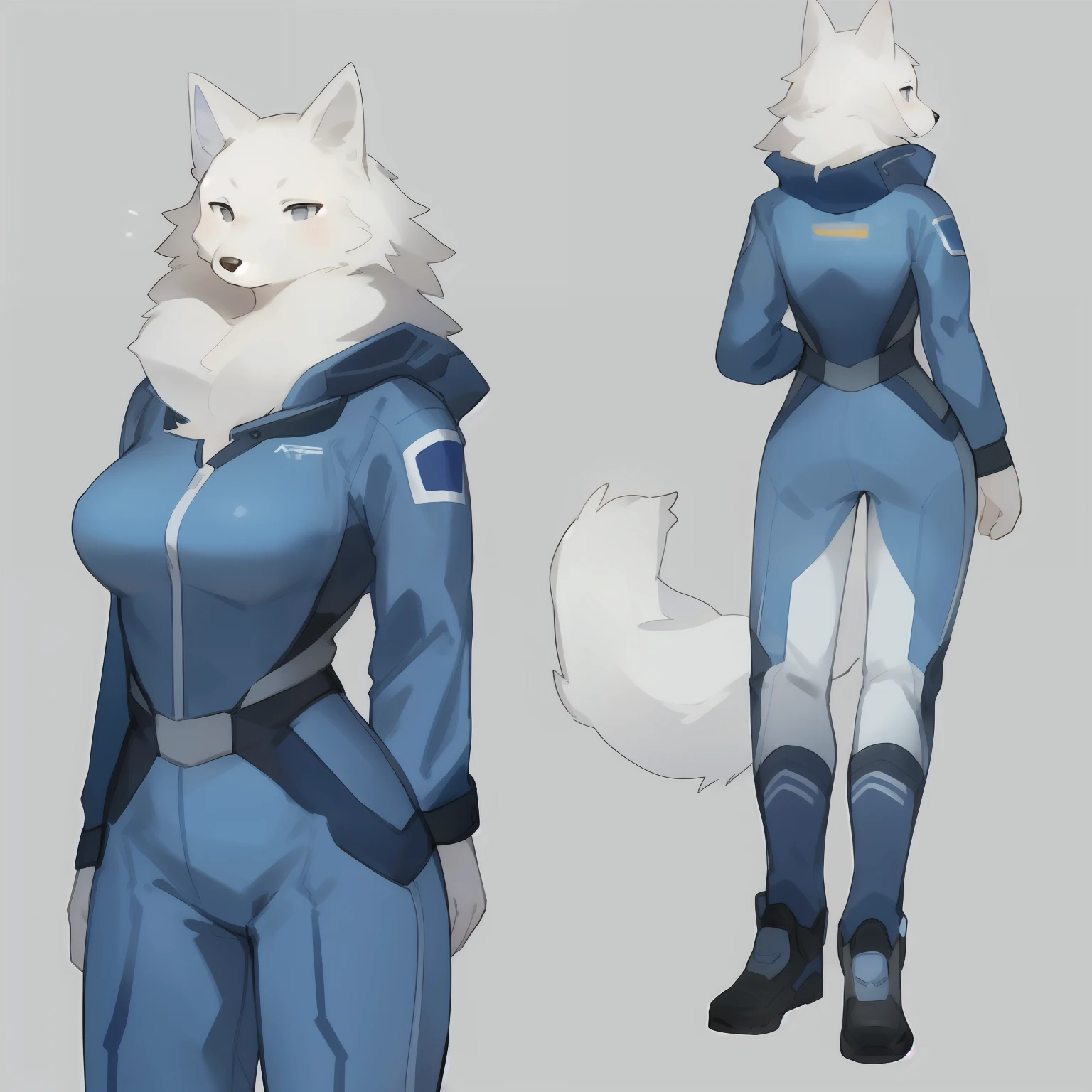Solo, female, muscular, medium breasts, small waist, broad shoulders, canine, samoyed, white fur, grey hair, grey eyes, by bebebebebe, simple background, blue military spacesuit