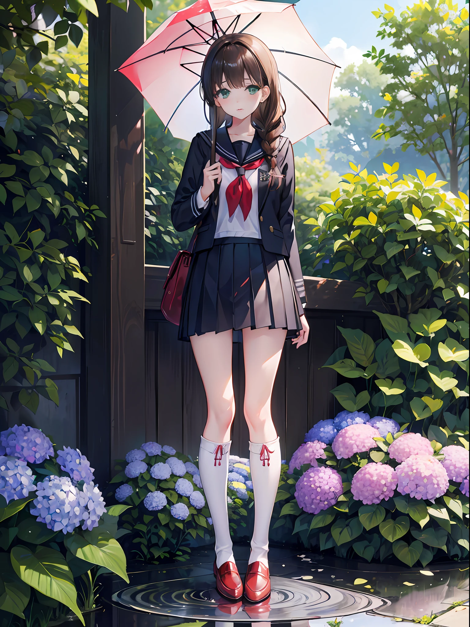 umbrella, flower, hydrangea, upskirt, school uniform, exteriors, Green eyes, knee boots, brown-hair, single braid, Long hair, 1girl, Rubber boots, Blazer, looking a viewer, pleated skirt, holding, Shirt, Sateen, Transparent, ankle socks, red footwear, Transparent umbrella, 独奏, sailor collar, white shirt, short sleeves, black skirt, Standing, neckerchief, Holding an umbrella in your hands, parted lips, Bangs, full - body, blusher, red neckerchief, knees, building, puddle, a tree, Day, knee boots