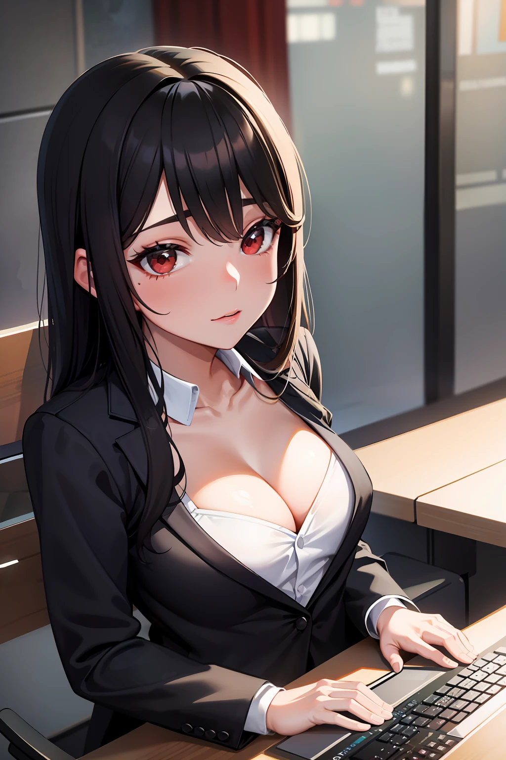 "Portrait of a Woman: Resembling Gina Valentina, small bust, she wears modern office clothes in a professional TV studio setting."