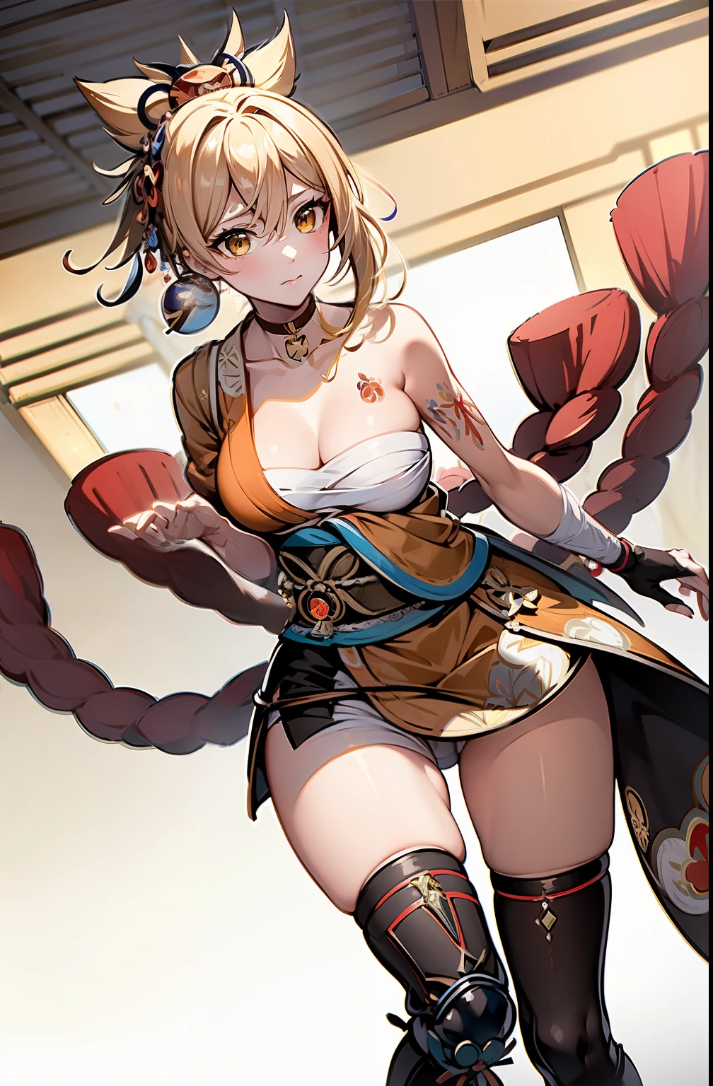 (Masterpiece), Best quality, yeux expressifs, visage parfait,Session W, w assis par terre, bras entre les jambes, les deux bras entre les jambes, anime character,Impact de Genshin,femme,,grosse poitrine, bonne poitrine,mains entre les jambes, H-cup, yoimiya_genshin